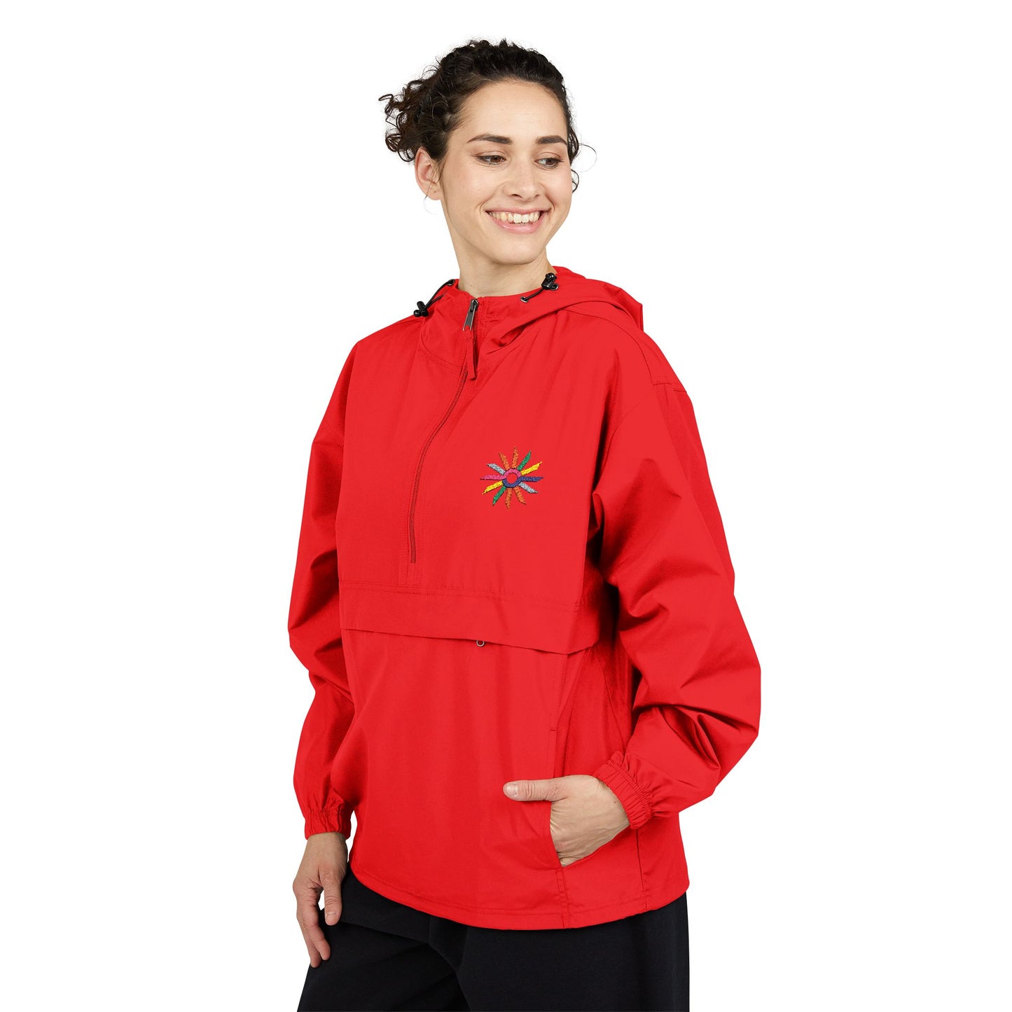 Orange Packable Anorak Jacket with Colorful Floral Compass Embroidery