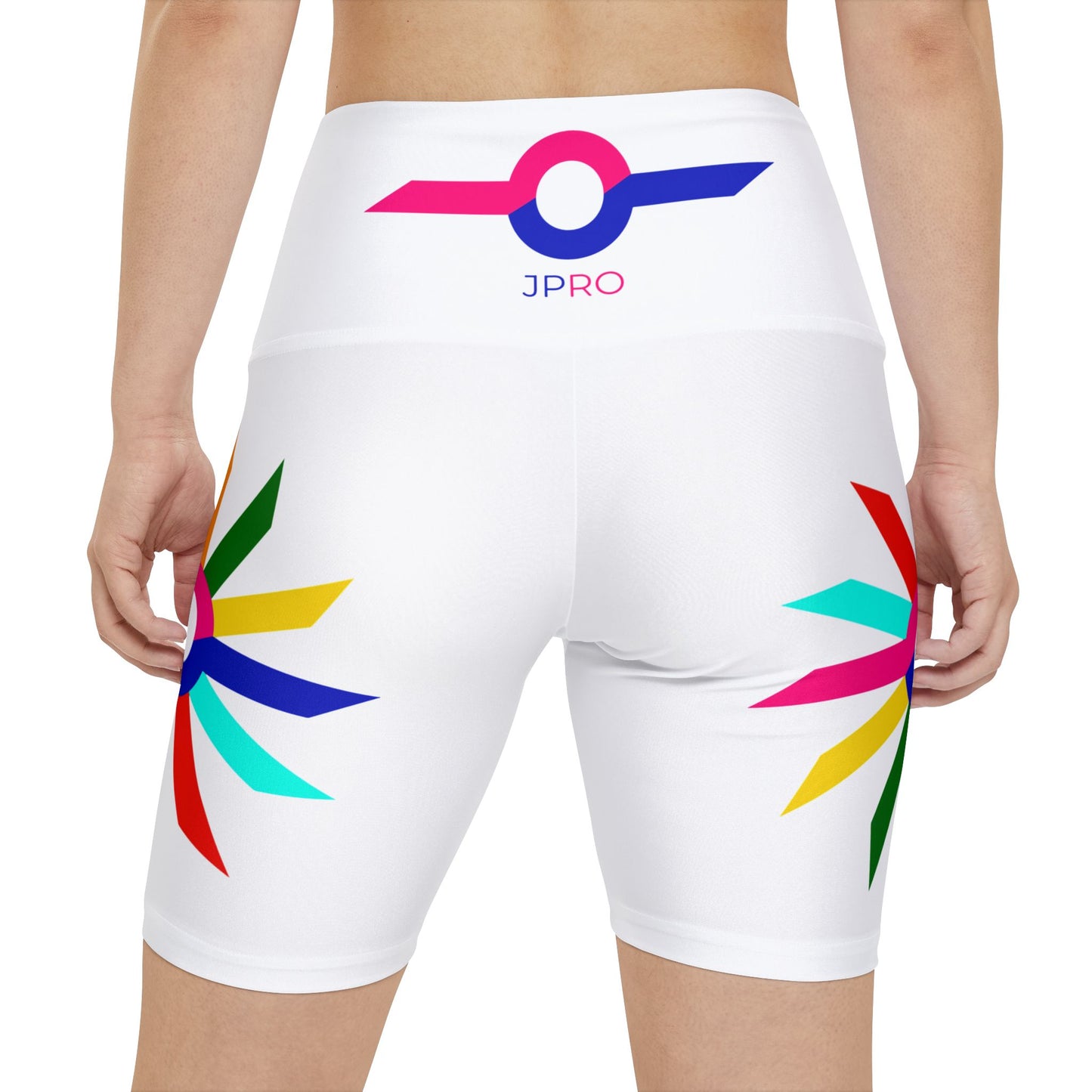 White Women's Workout Shorts — Colorful Starburst Side Print (AOP)
