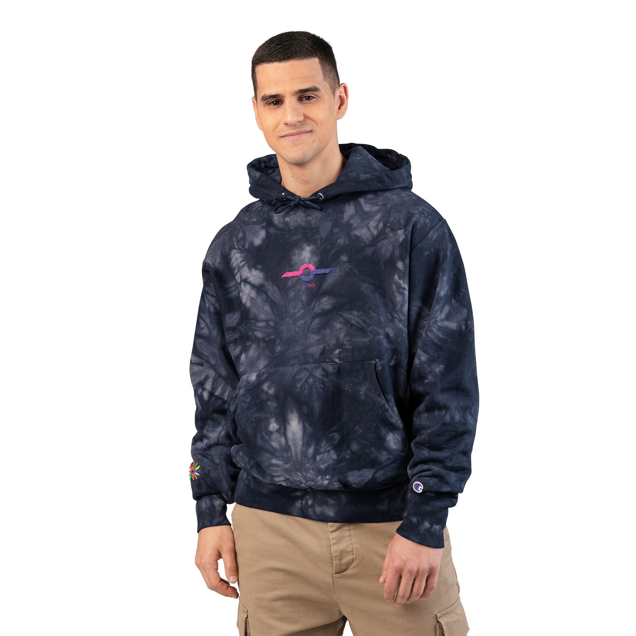 Embroidered Tie-Dye Champion Hoodie — Black Marble