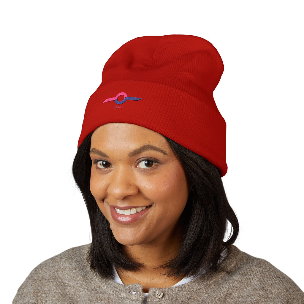 Embroidered Minimalist Winged Circle Beanie — White Cuffed Knit Hat