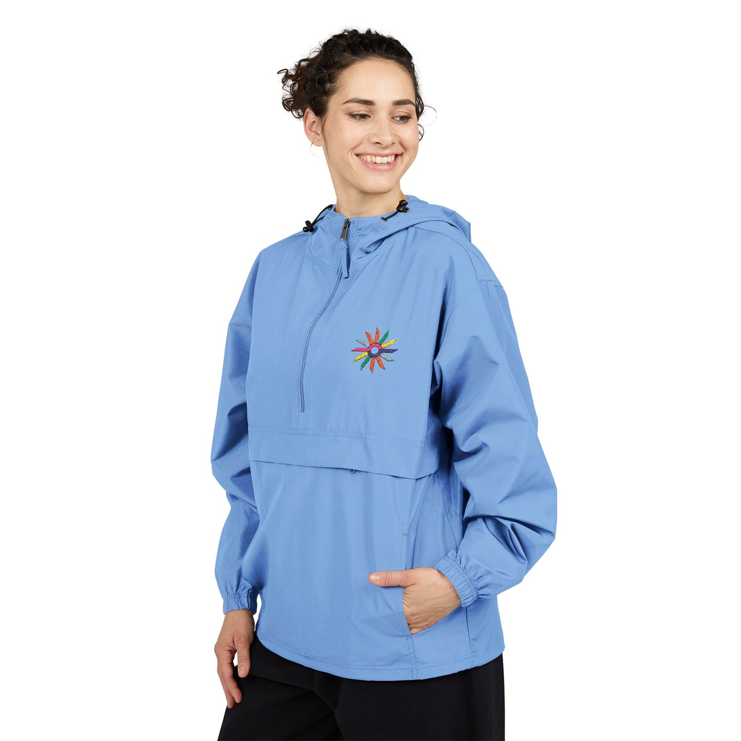 Orange Packable Anorak Jacket with Colorful Floral Compass Embroidery