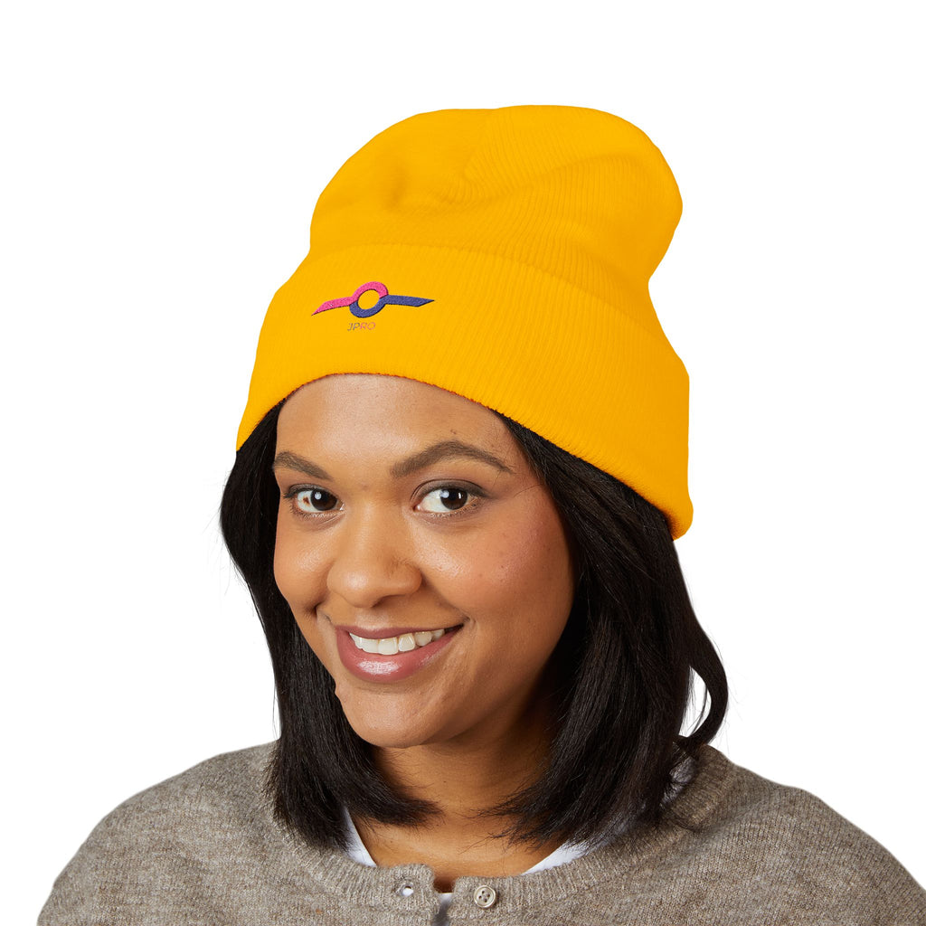 Embroidered Minimalist Winged Circle Beanie — White Cuffed Knit Hat