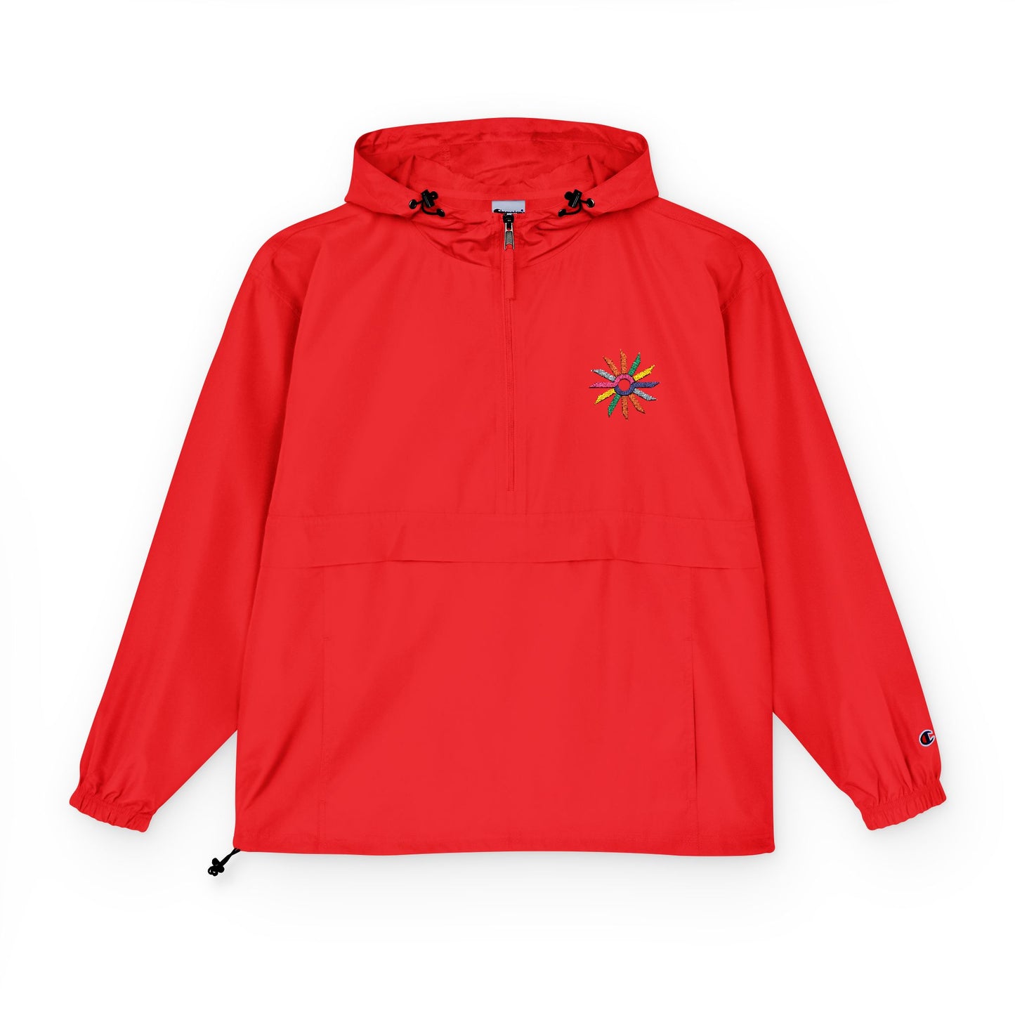 Orange Packable Anorak Jacket with Colorful Floral Compass Embroidery