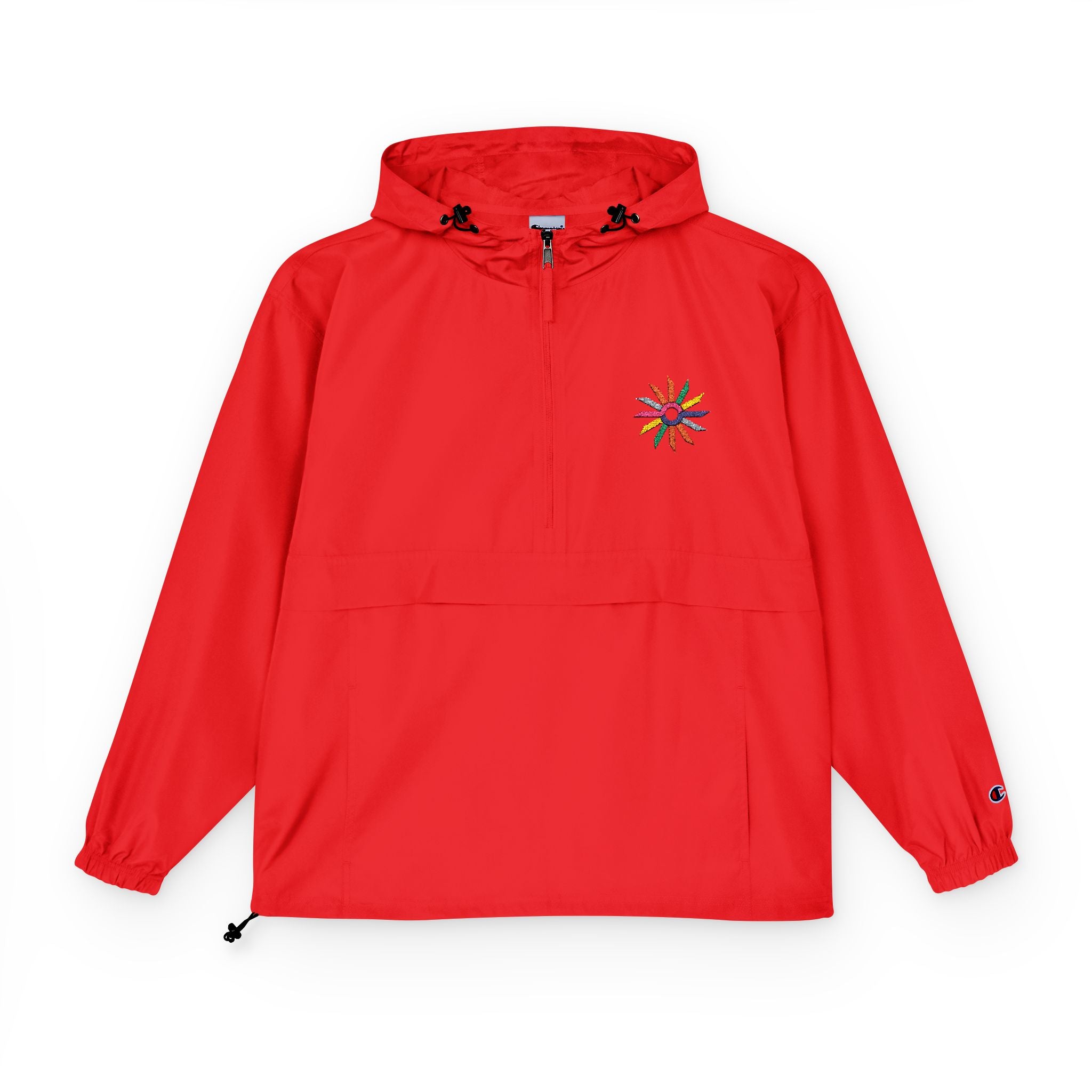 Orange Packable Anorak Jacket with Colorful Floral Compass Embroidery