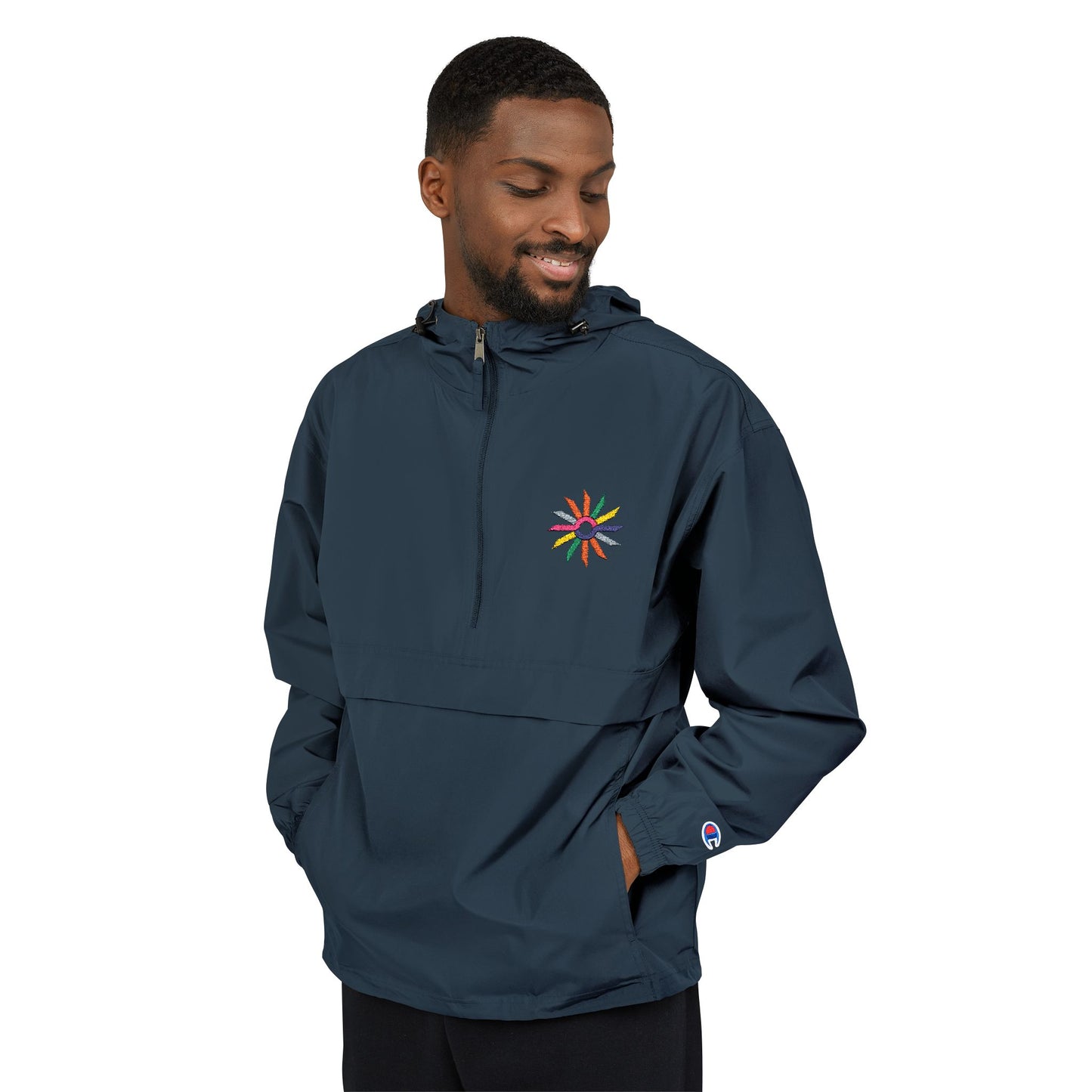 Orange Packable Anorak Jacket with Colorful Floral Compass Embroidery