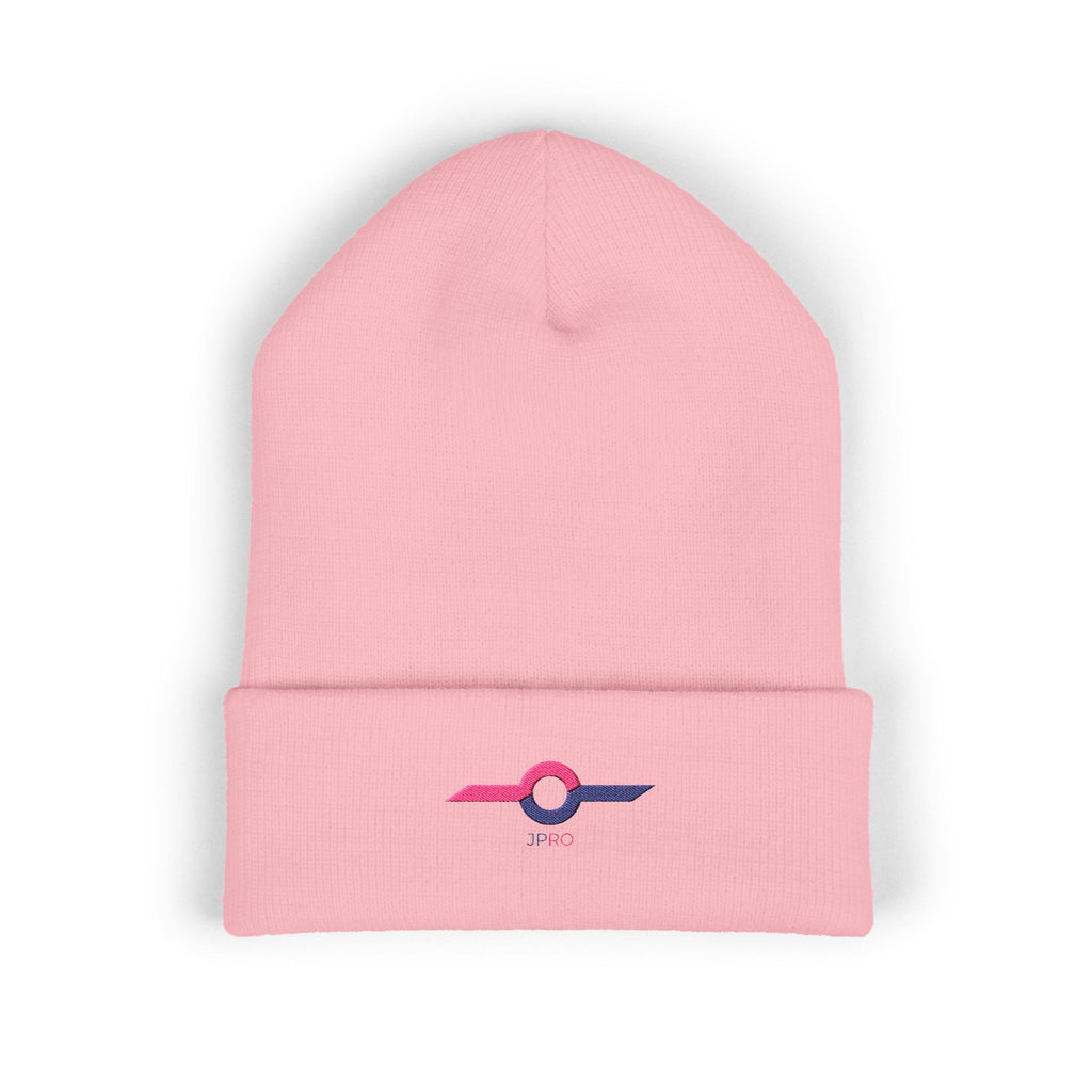 Embroidered Minimalist Winged Circle Beanie — White Cuffed Knit Hat