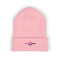 Embroidered Minimalist Winged Circle Beanie — White Cuffed Knit Hat