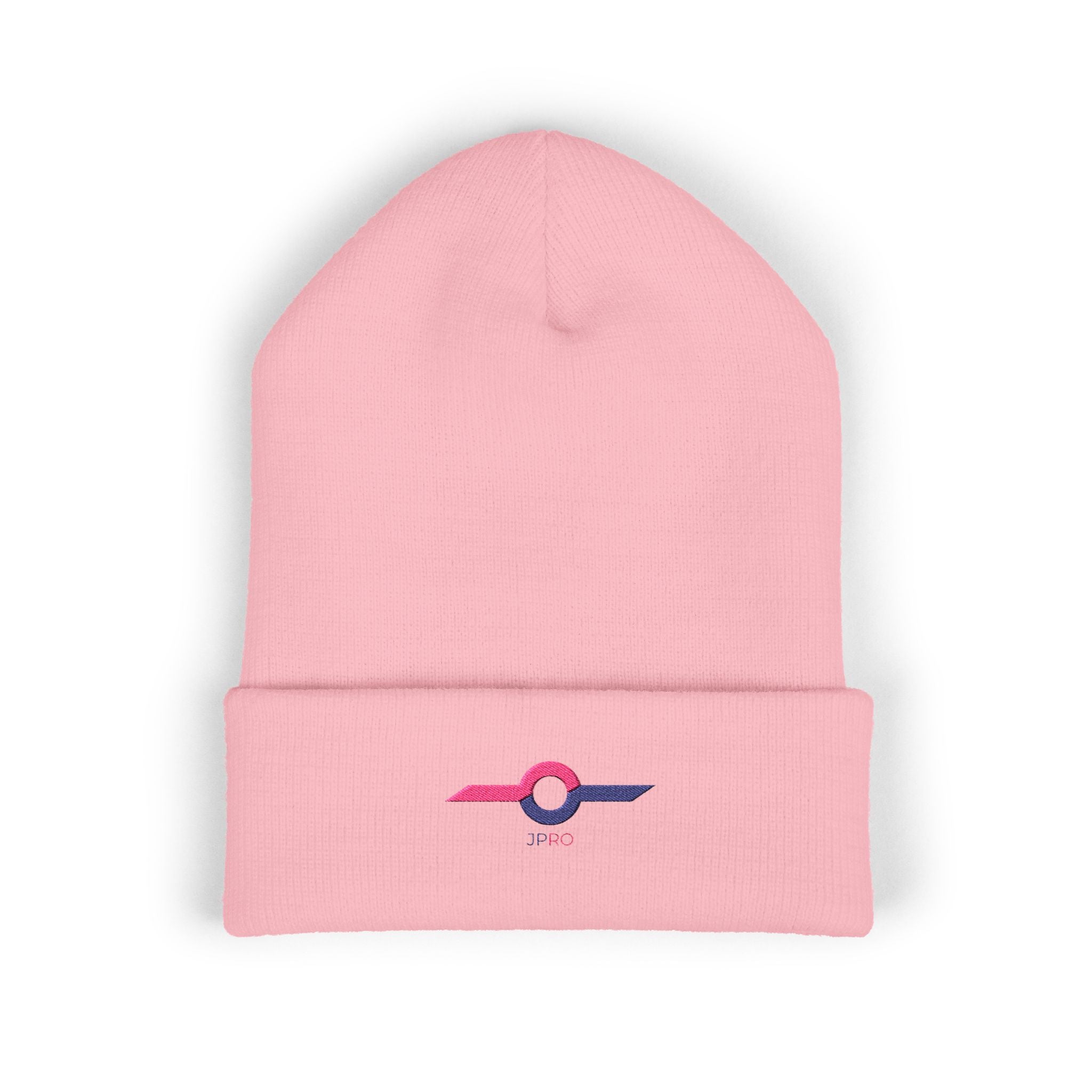 Embroidered Minimalist Winged Circle Beanie — White Cuffed Knit Hat
