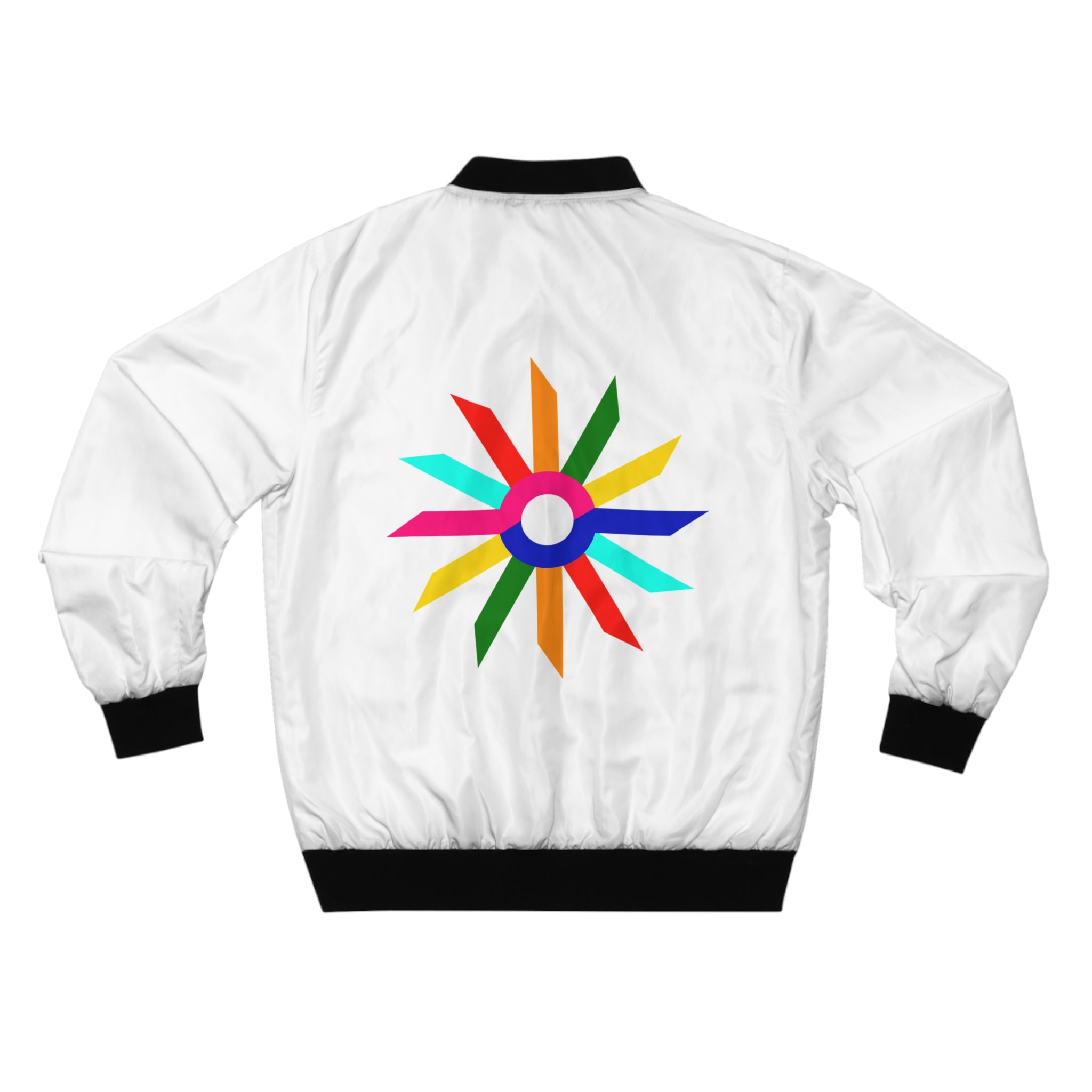 Men's Bomber Jacket with Colorful Sunburst Logo – Lightweight White AOP Jacket