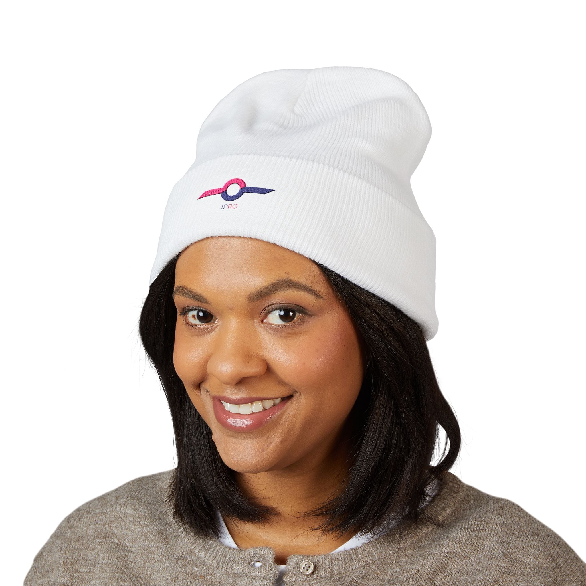 Embroidered Minimalist Winged Circle Beanie — White Cuffed Knit Hat
