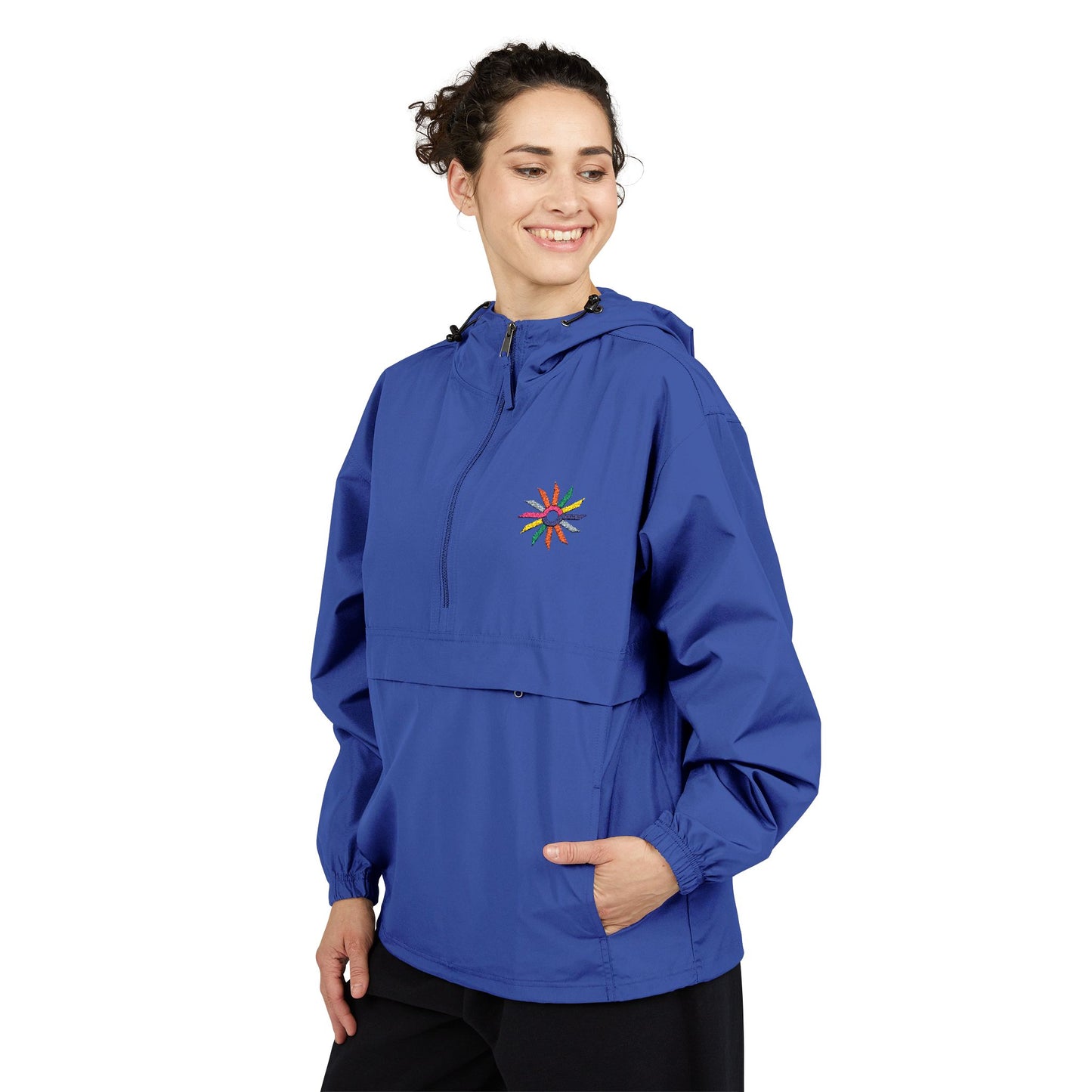 Orange Packable Anorak Jacket with Colorful Floral Compass Embroidery