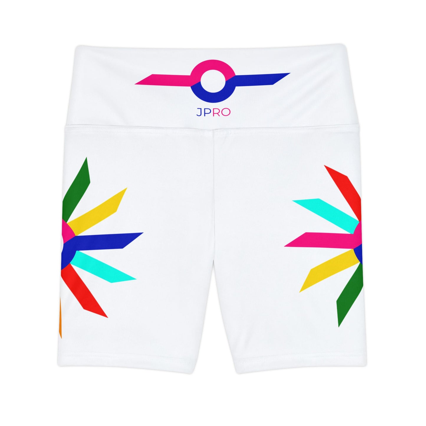White Women's Workout Shorts — Colorful Starburst Side Print (AOP)