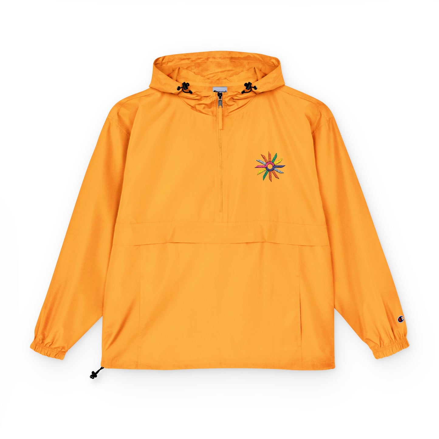 Orange Packable Anorak Jacket with Colorful Floral Compass Embroidery