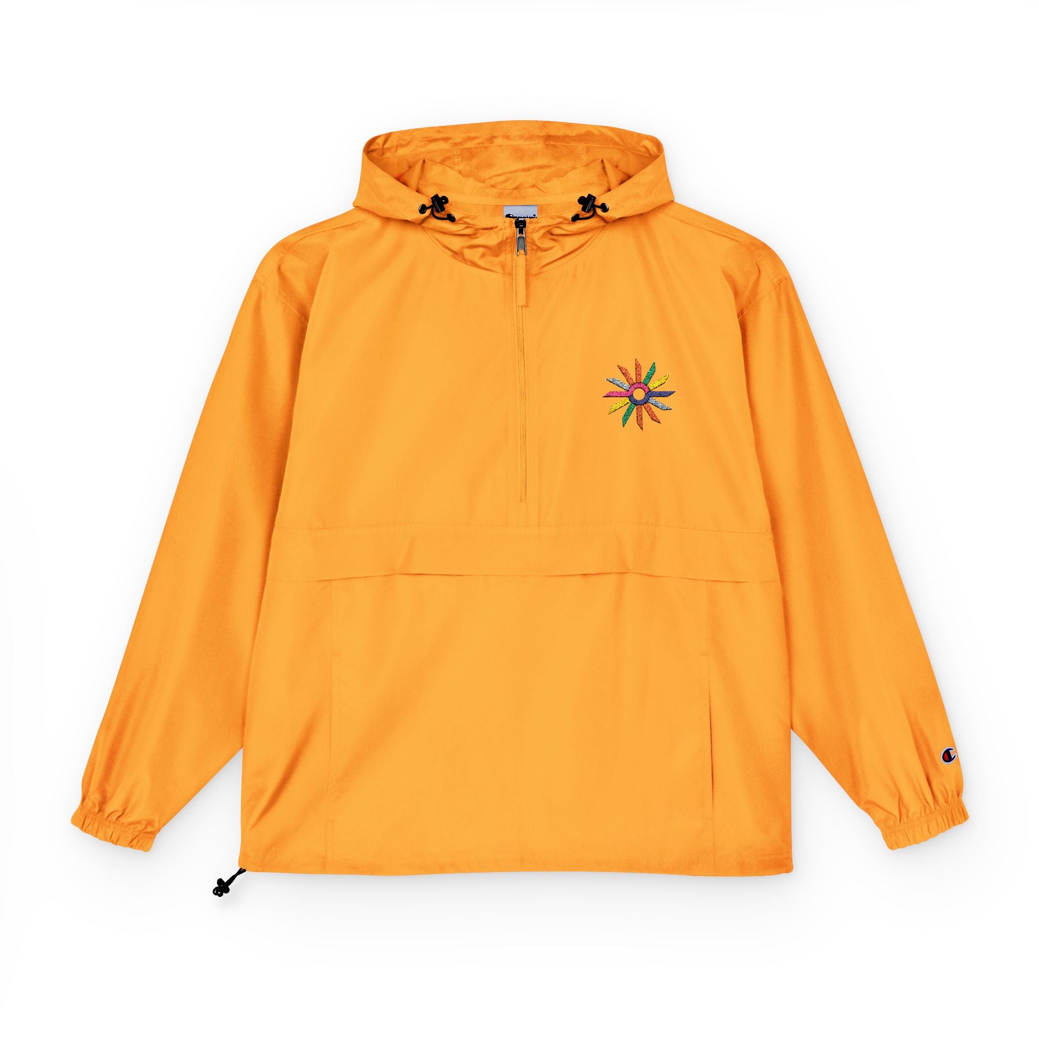 Orange Packable Anorak Jacket with Colorful Floral Compass Embroidery