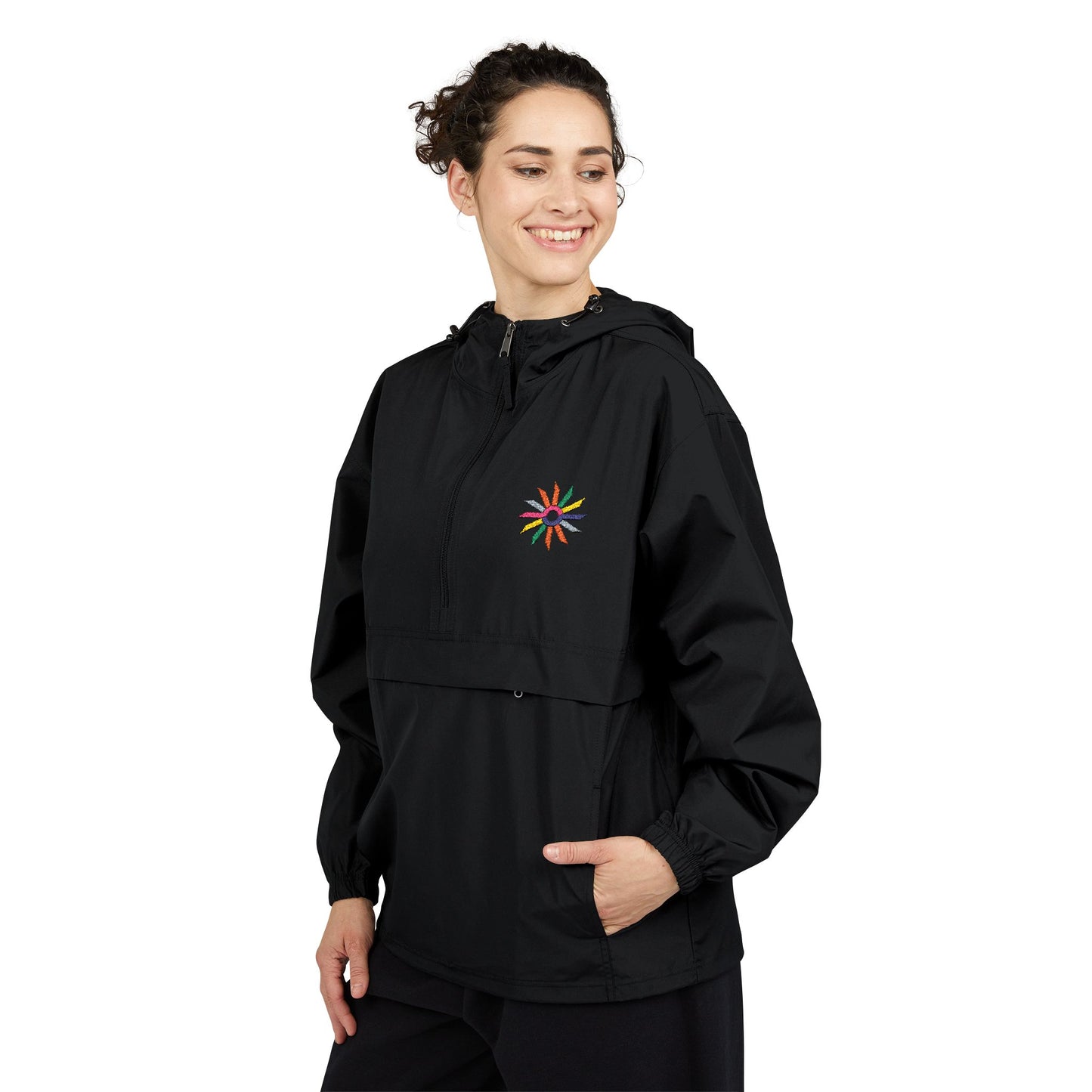 Orange Packable Anorak Jacket with Colorful Floral Compass Embroidery