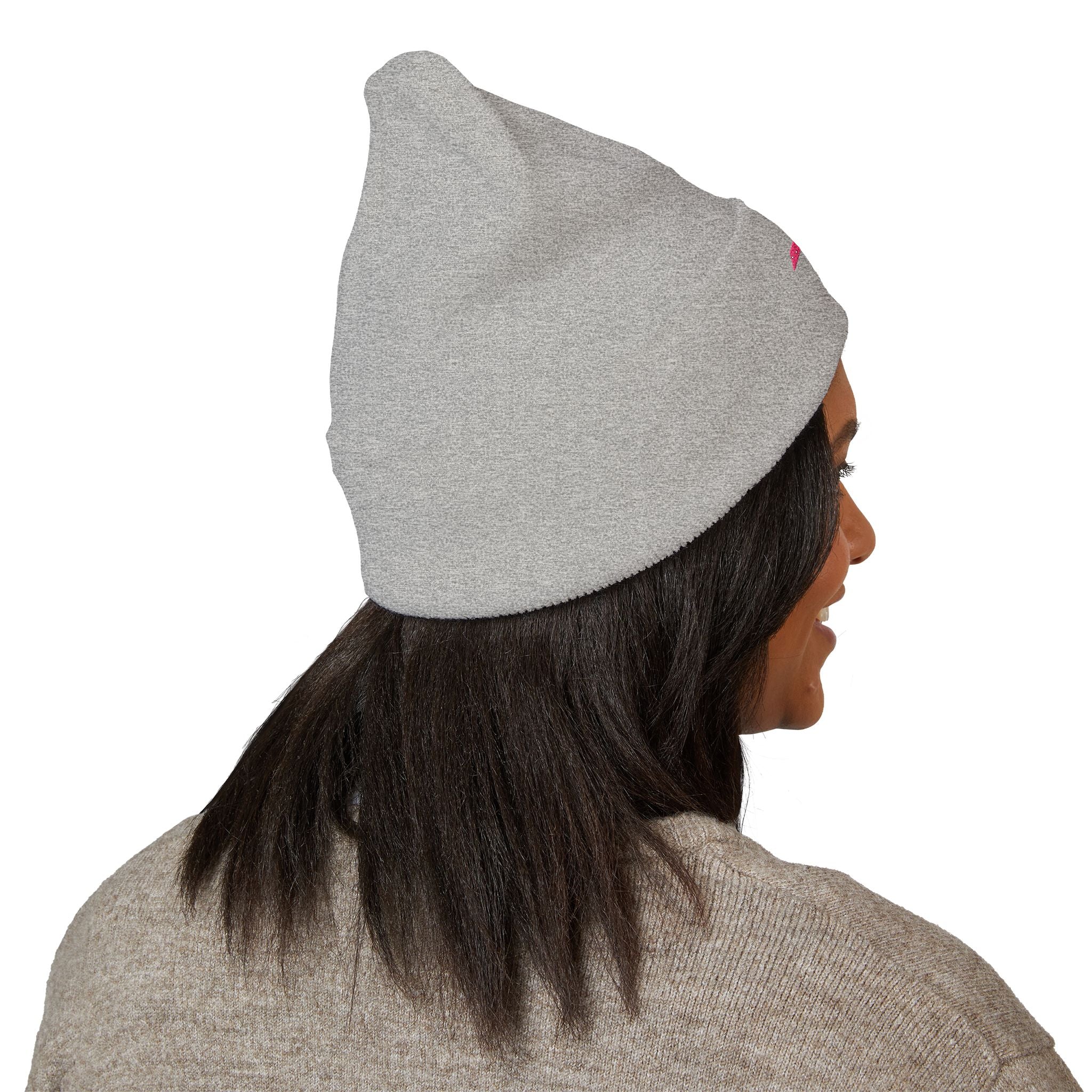 Embroidered Minimalist Winged Circle Beanie — White Cuffed Knit Hat