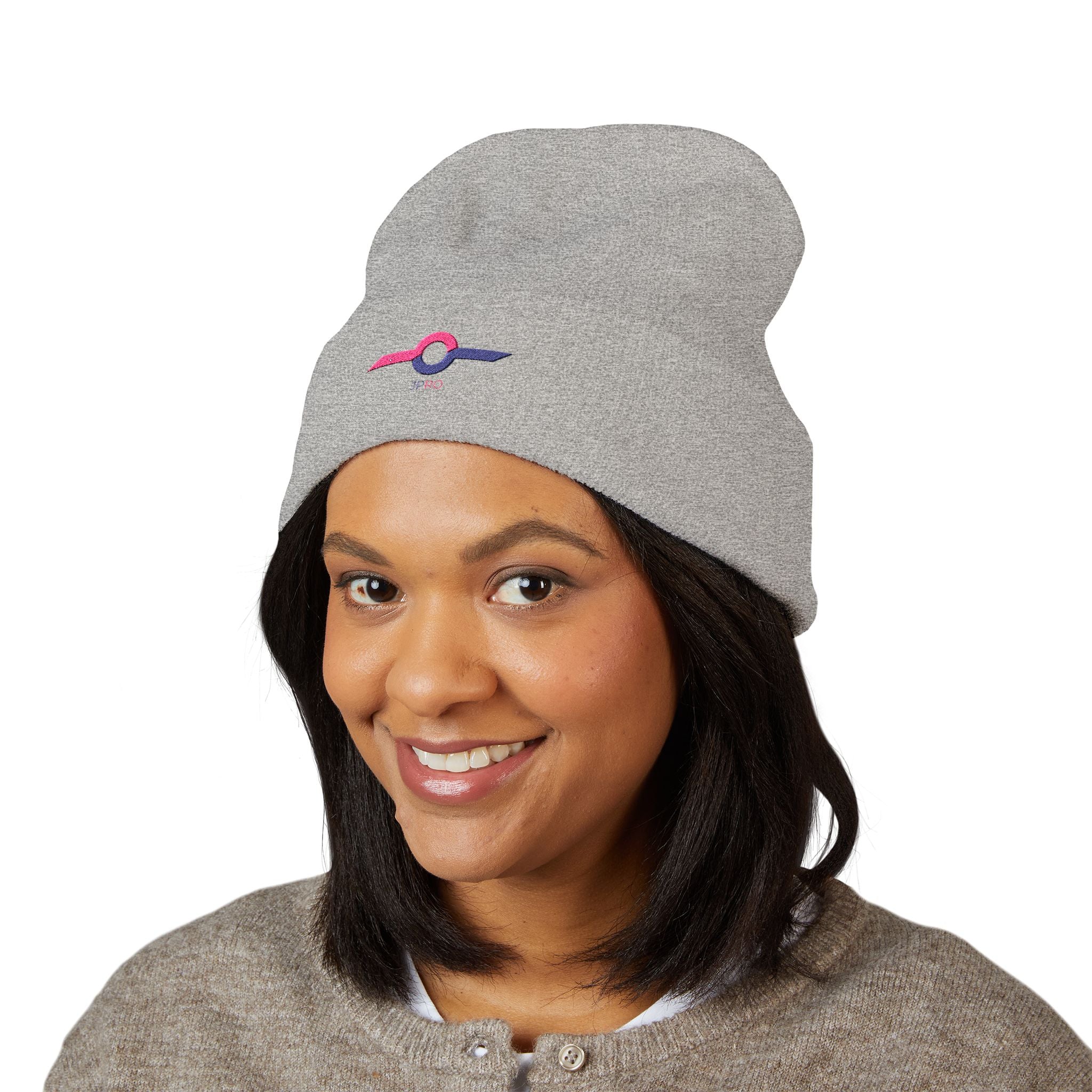 Embroidered Minimalist Winged Circle Beanie — White Cuffed Knit Hat