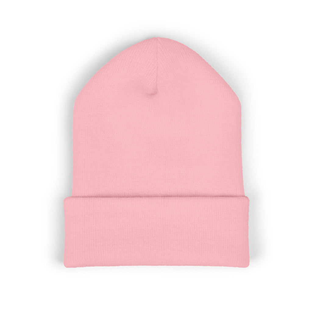 Embroidered Minimalist Winged Circle Beanie — White Cuffed Knit Hat