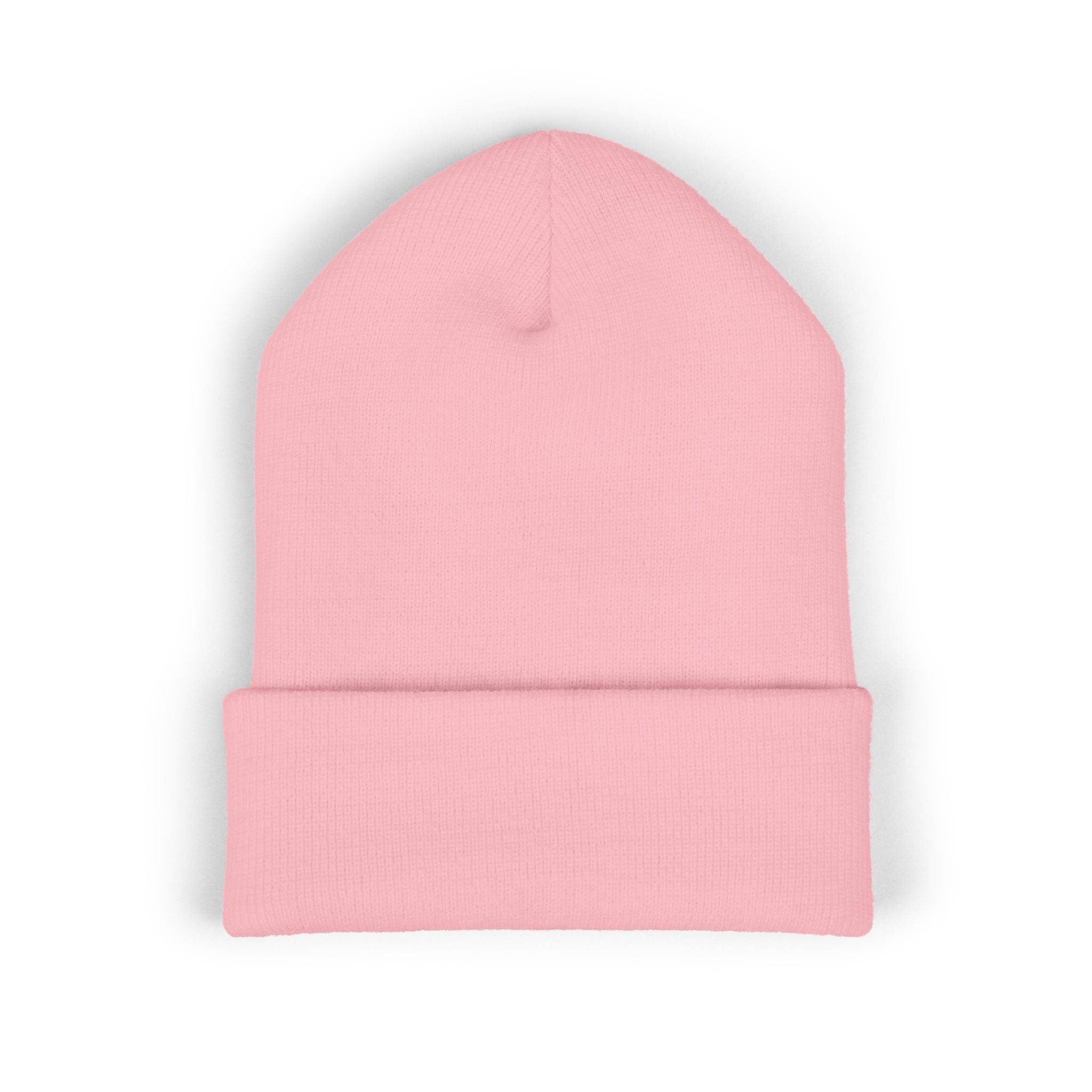 Embroidered Minimalist Winged Circle Beanie — White Cuffed Knit Hat