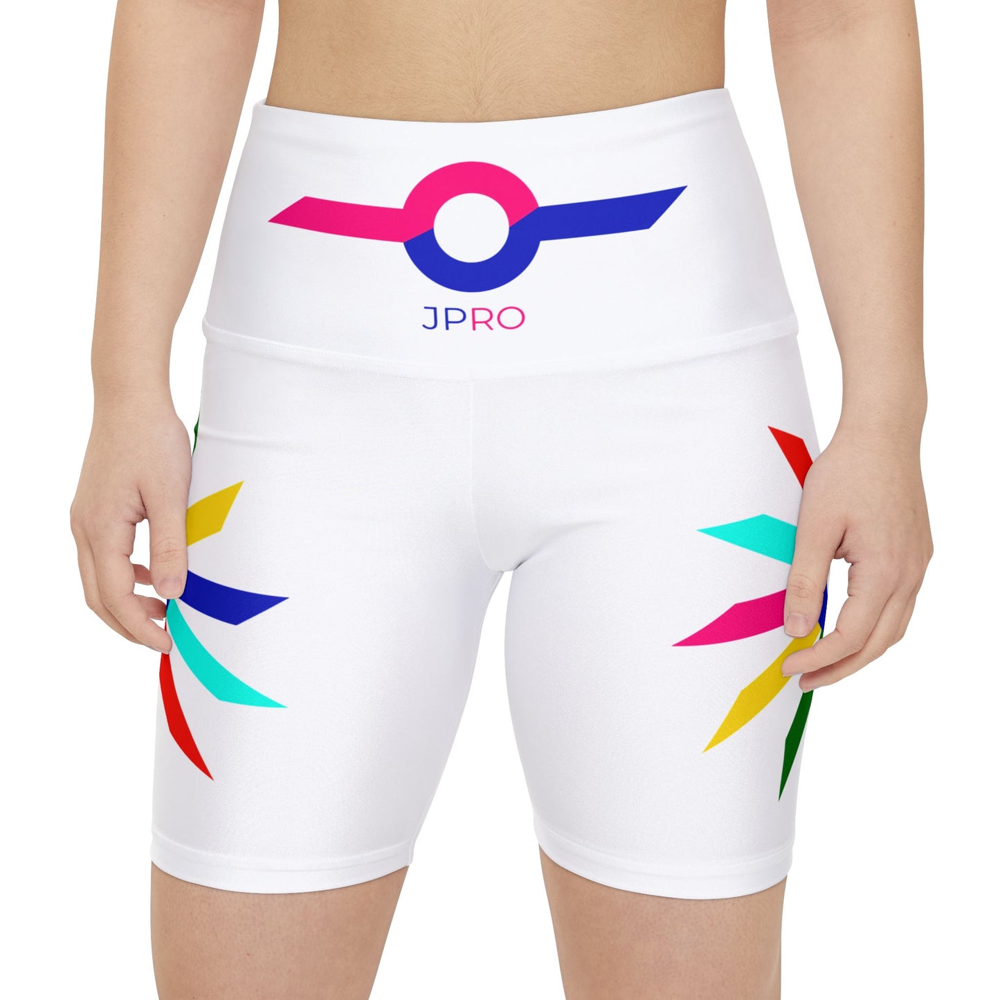 White Women's Workout Shorts — Colorful Starburst Side Print (AOP)