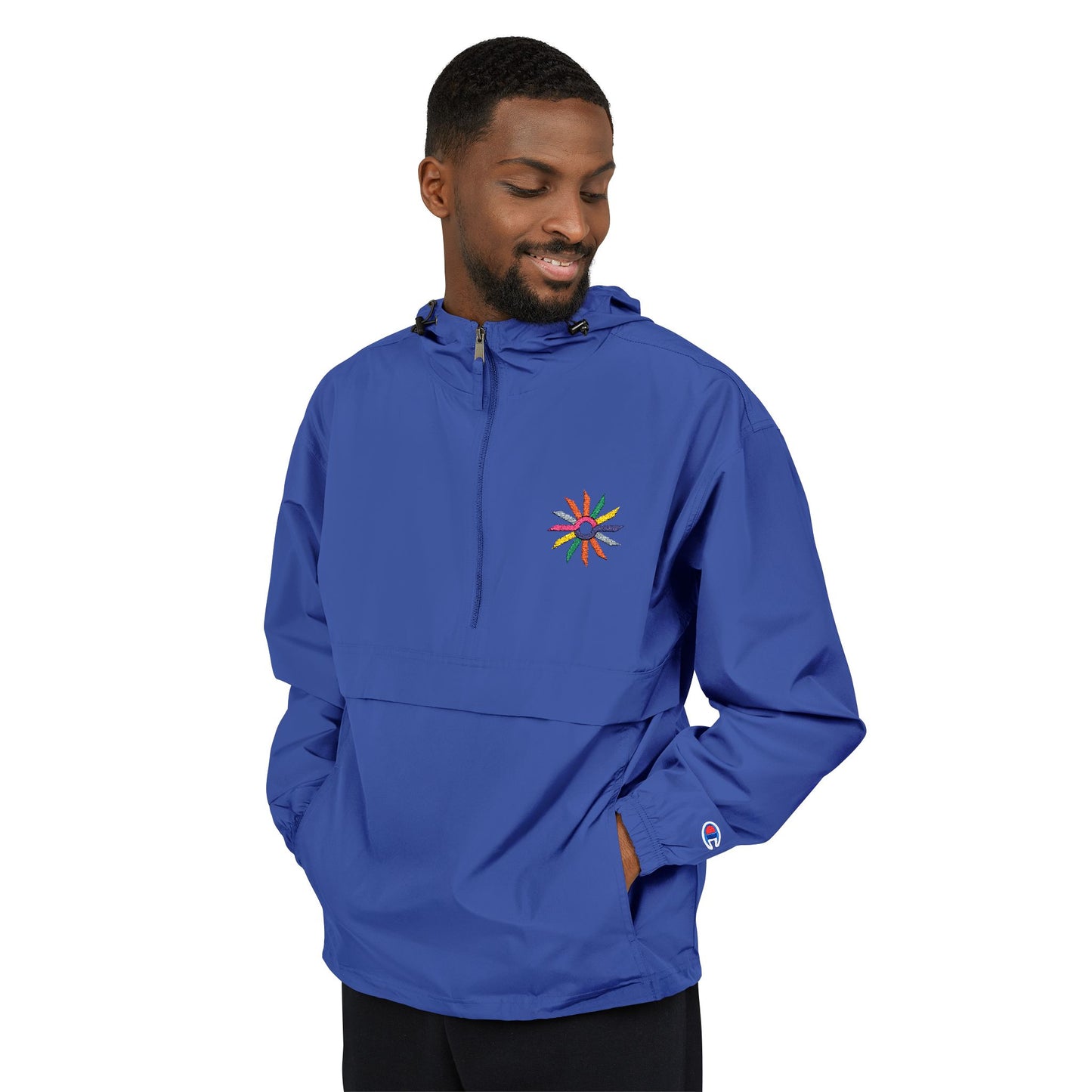Orange Packable Anorak Jacket with Colorful Floral Compass Embroidery