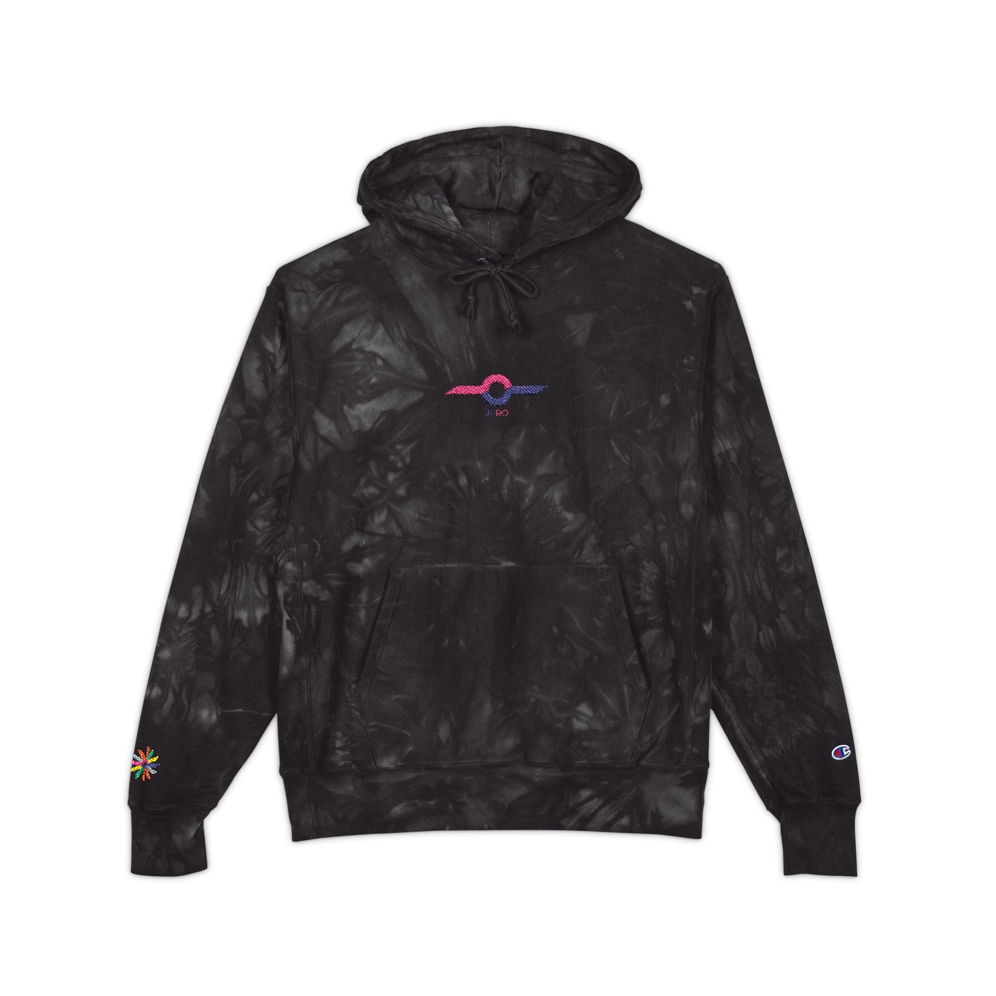 Embroidered Tie-Dye Champion Hoodie — Black Marble