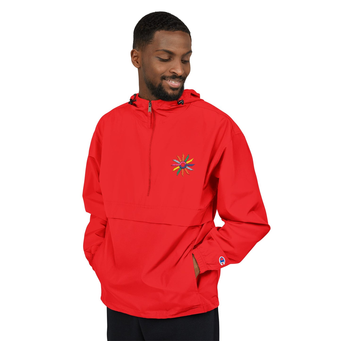 Orange Packable Anorak Jacket with Colorful Floral Compass Embroidery