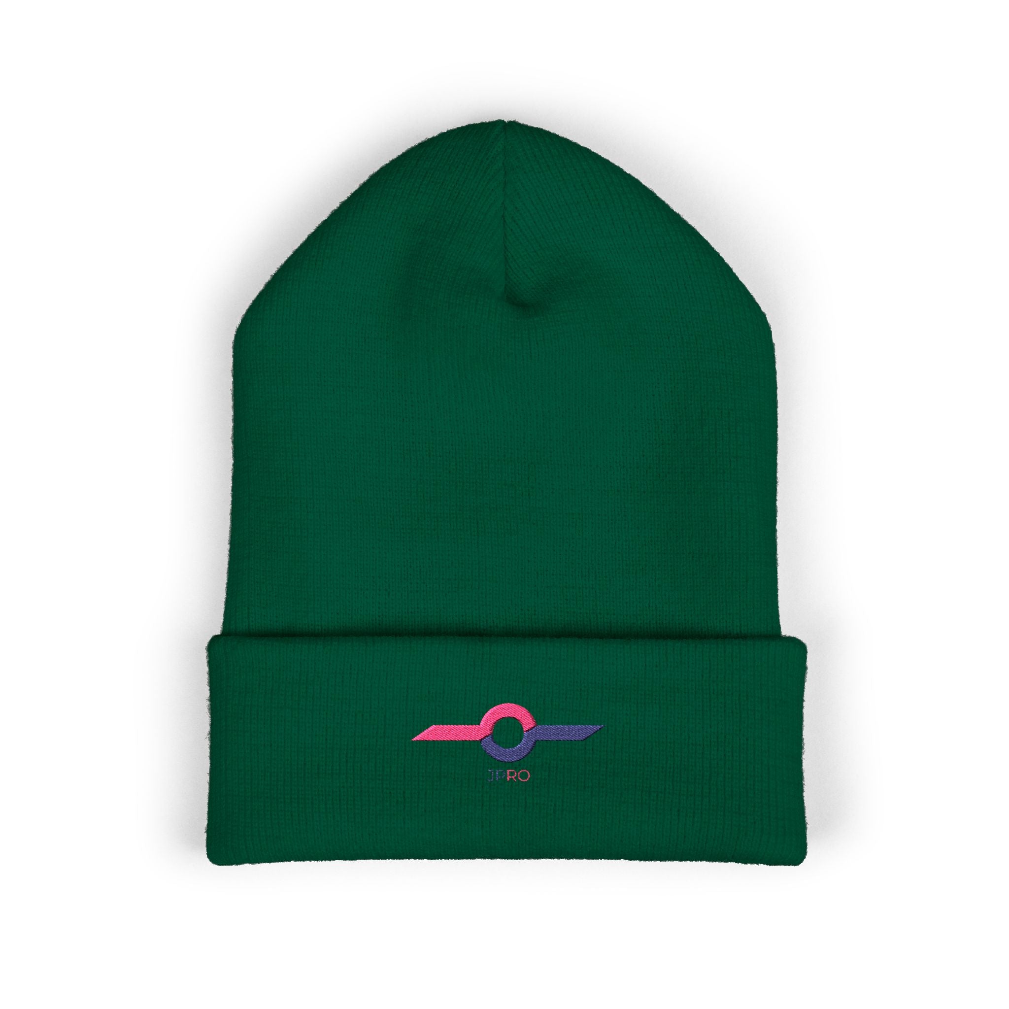 Embroidered Minimalist Winged Circle Beanie — White Cuffed Knit Hat
