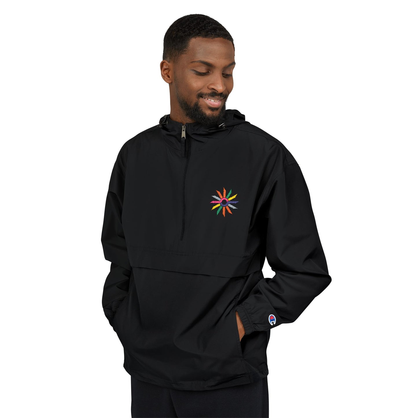 Orange Packable Anorak Jacket with Colorful Floral Compass Embroidery