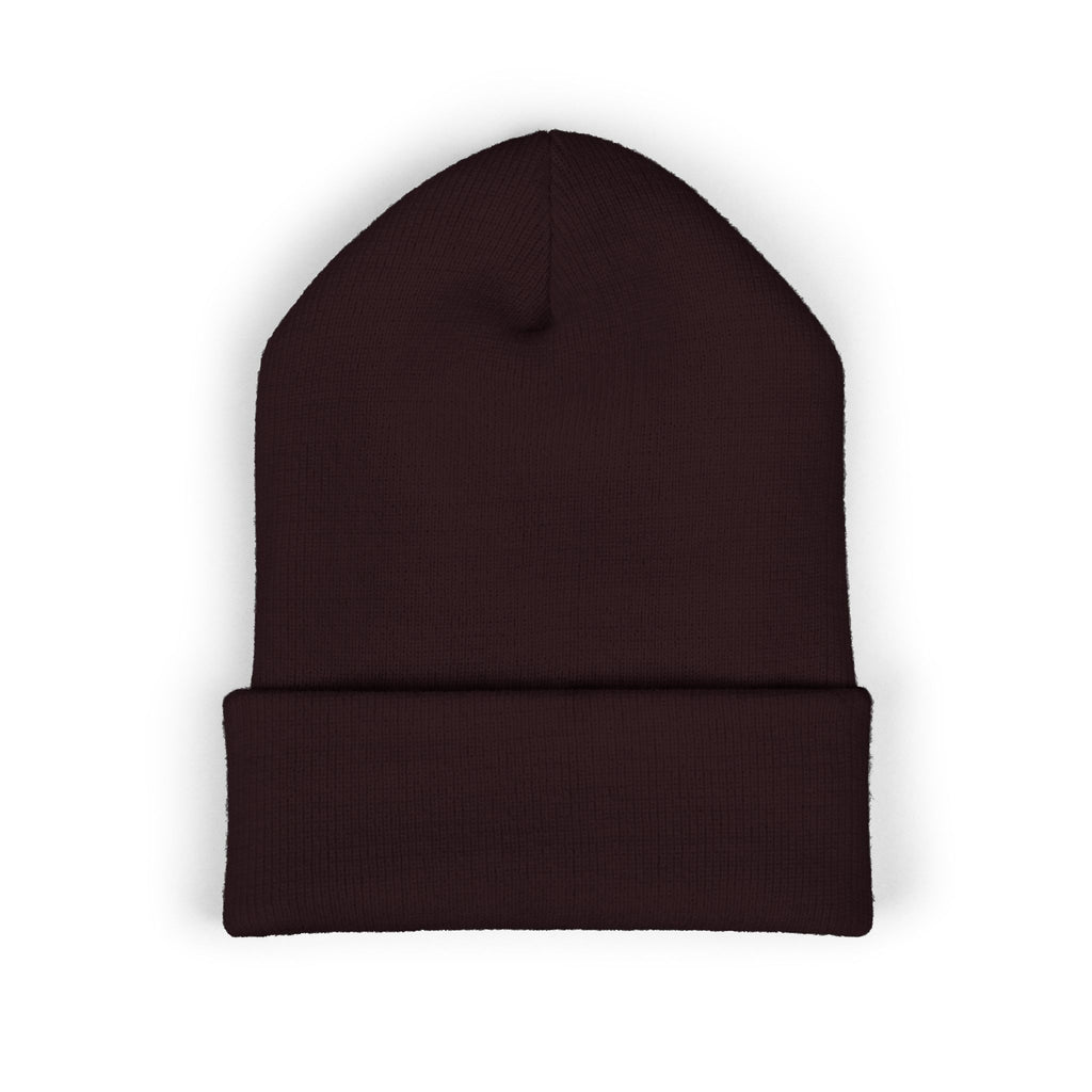 Embroidered Minimalist Winged Circle Beanie — White Cuffed Knit Hat