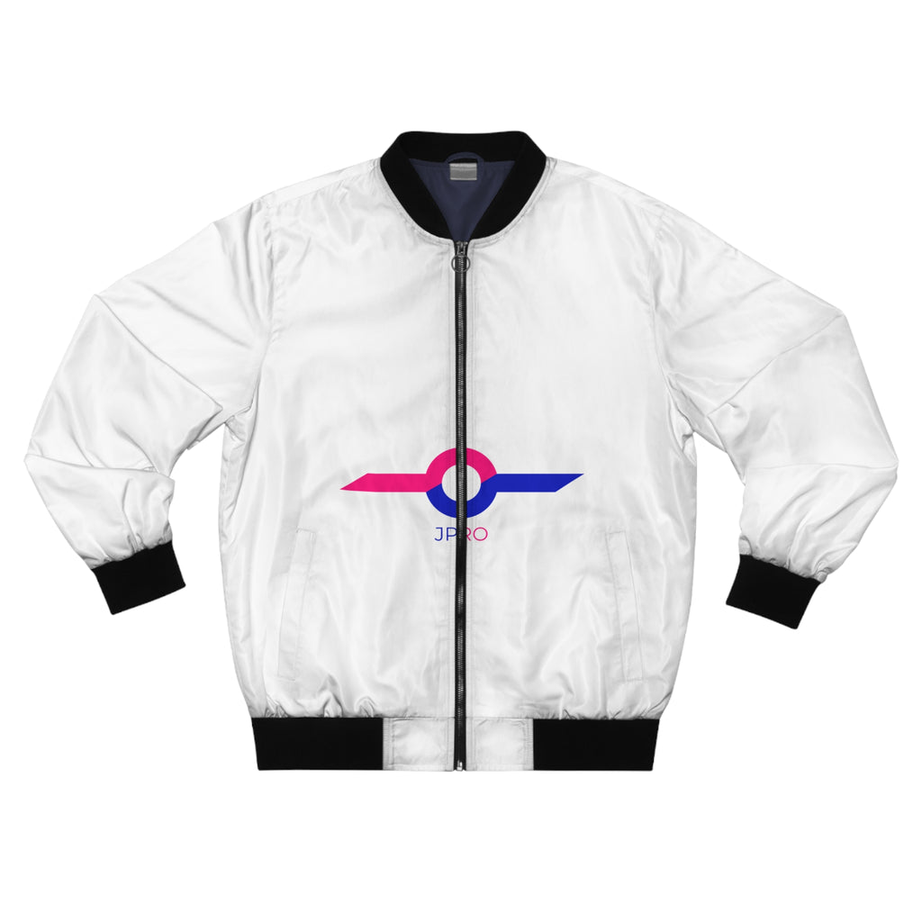 Men's Bomber Jacket with Colorful Sunburst Logo – Lightweight White AOP Jacket