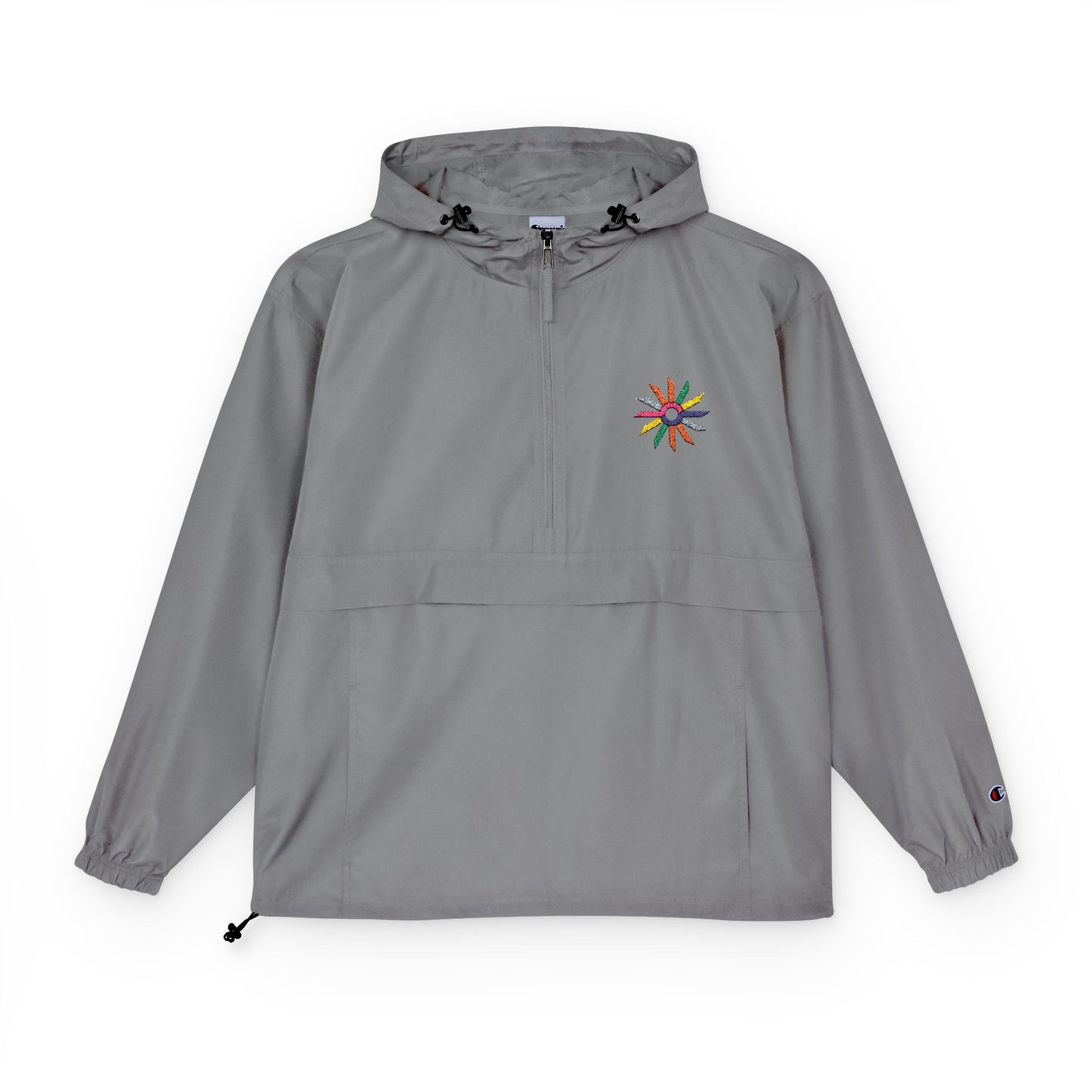 Orange Packable Anorak Jacket with Colorful Floral Compass Embroidery