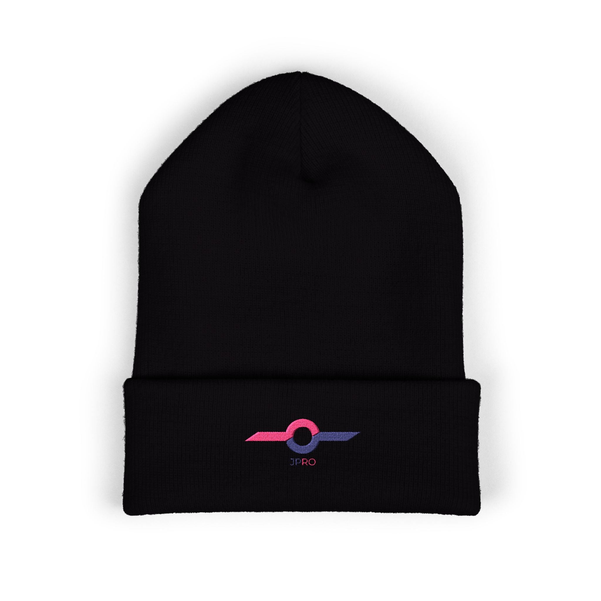 Embroidered Minimalist Winged Circle Beanie — White Cuffed Knit Hat