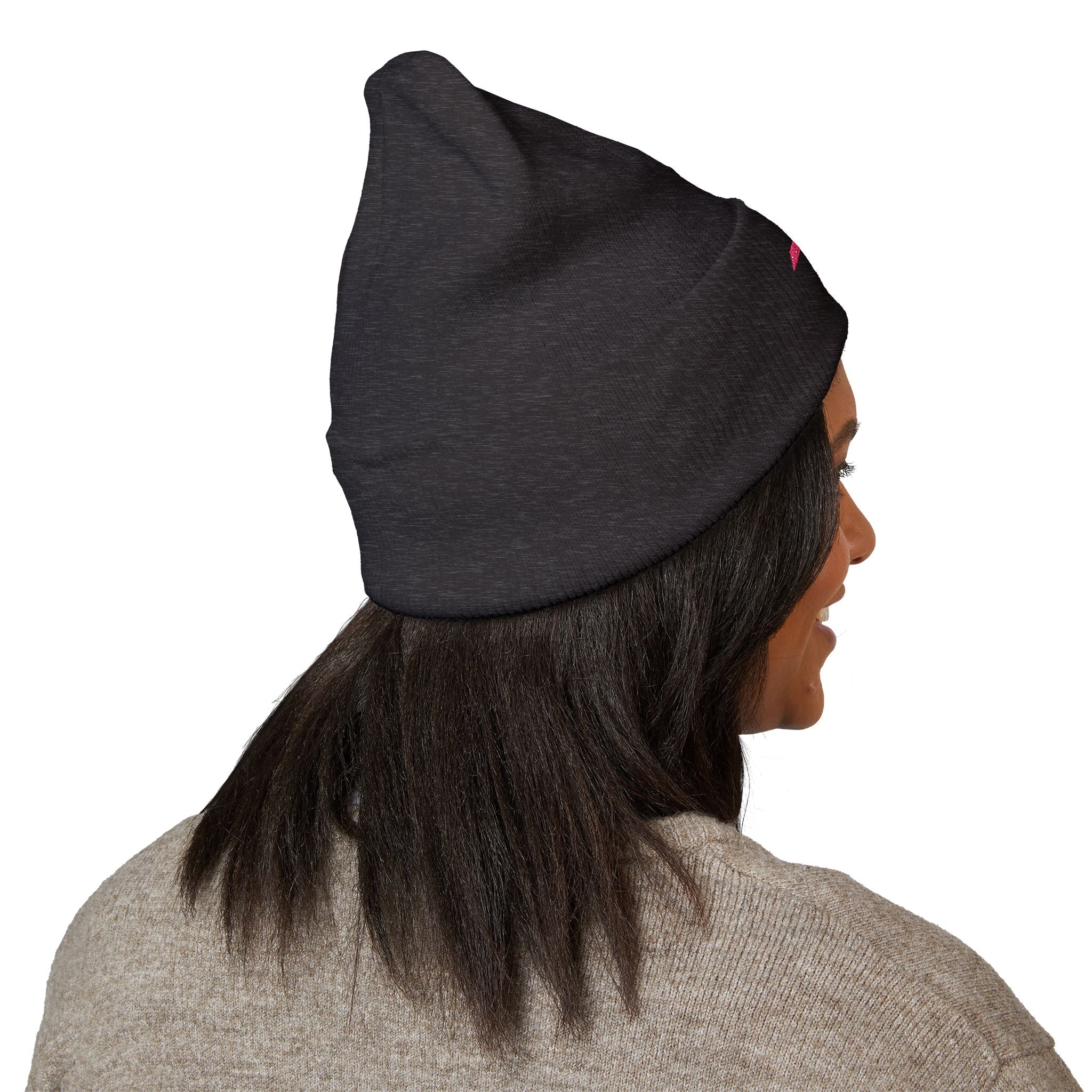 Embroidered Minimalist Winged Circle Beanie — White Cuffed Knit Hat