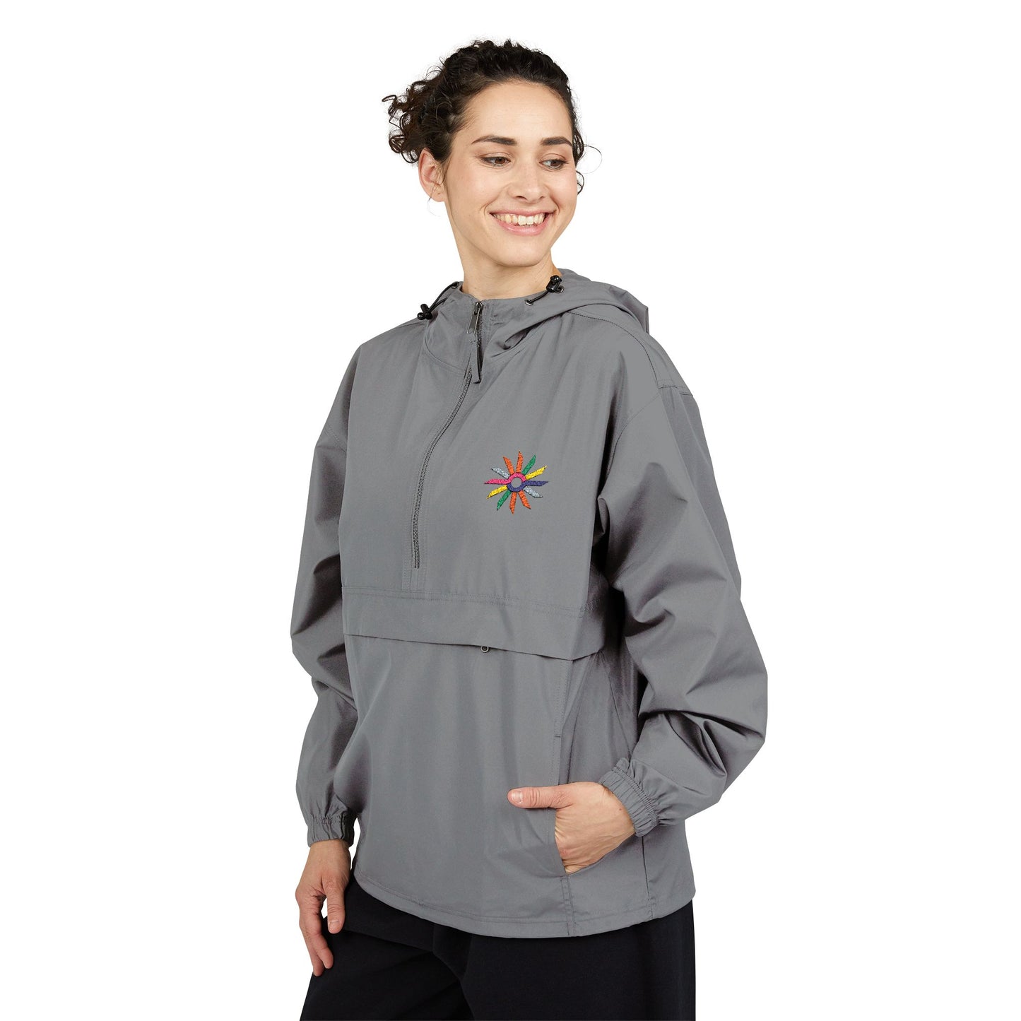 Orange Packable Anorak Jacket with Colorful Floral Compass Embroidery