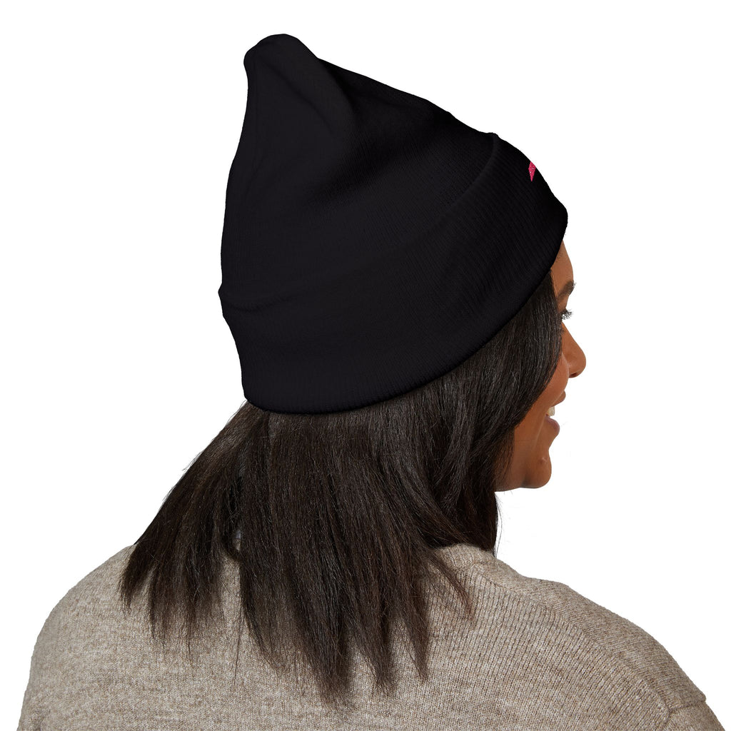 Embroidered Minimalist Winged Circle Beanie — White Cuffed Knit Hat