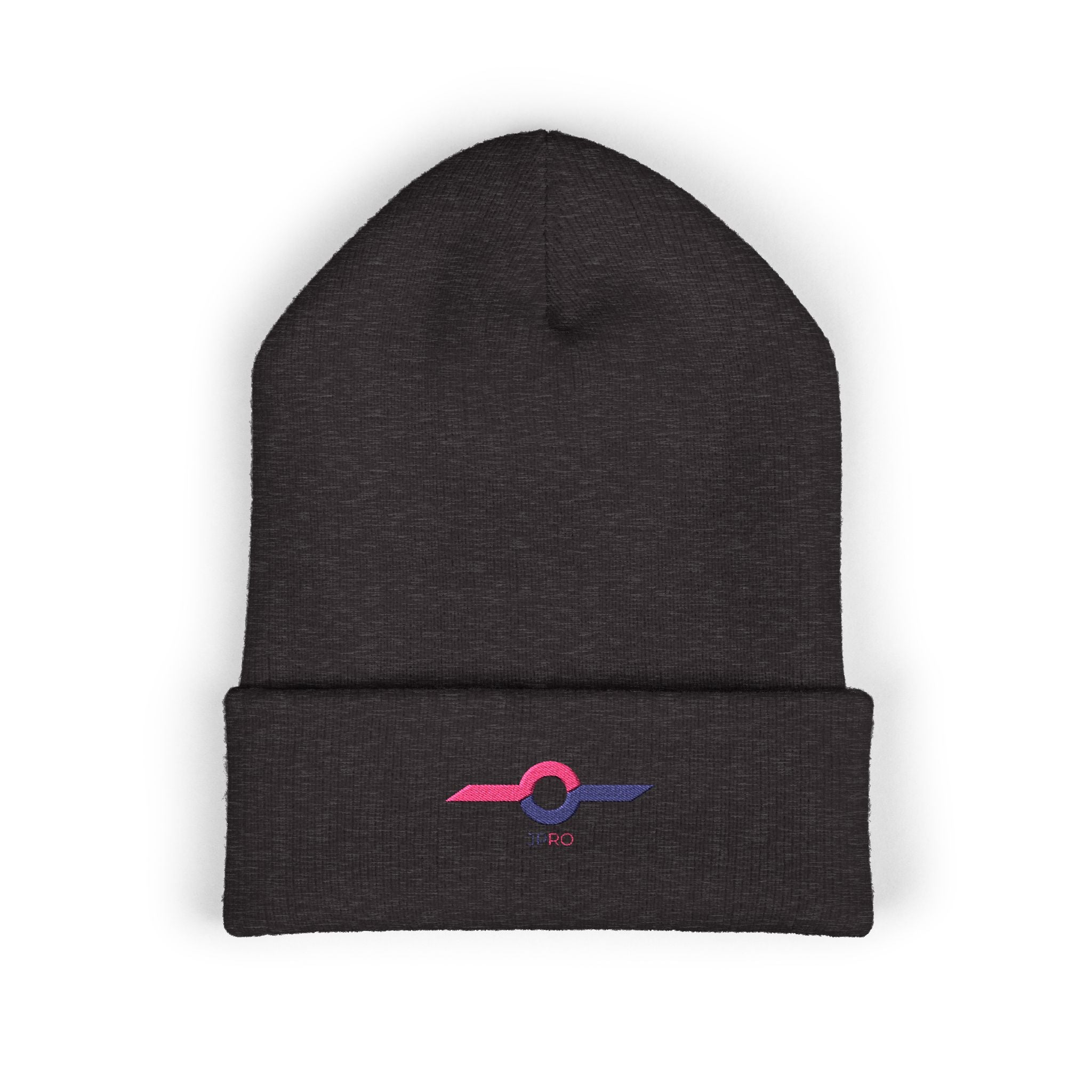 Embroidered Minimalist Winged Circle Beanie — White Cuffed Knit Hat