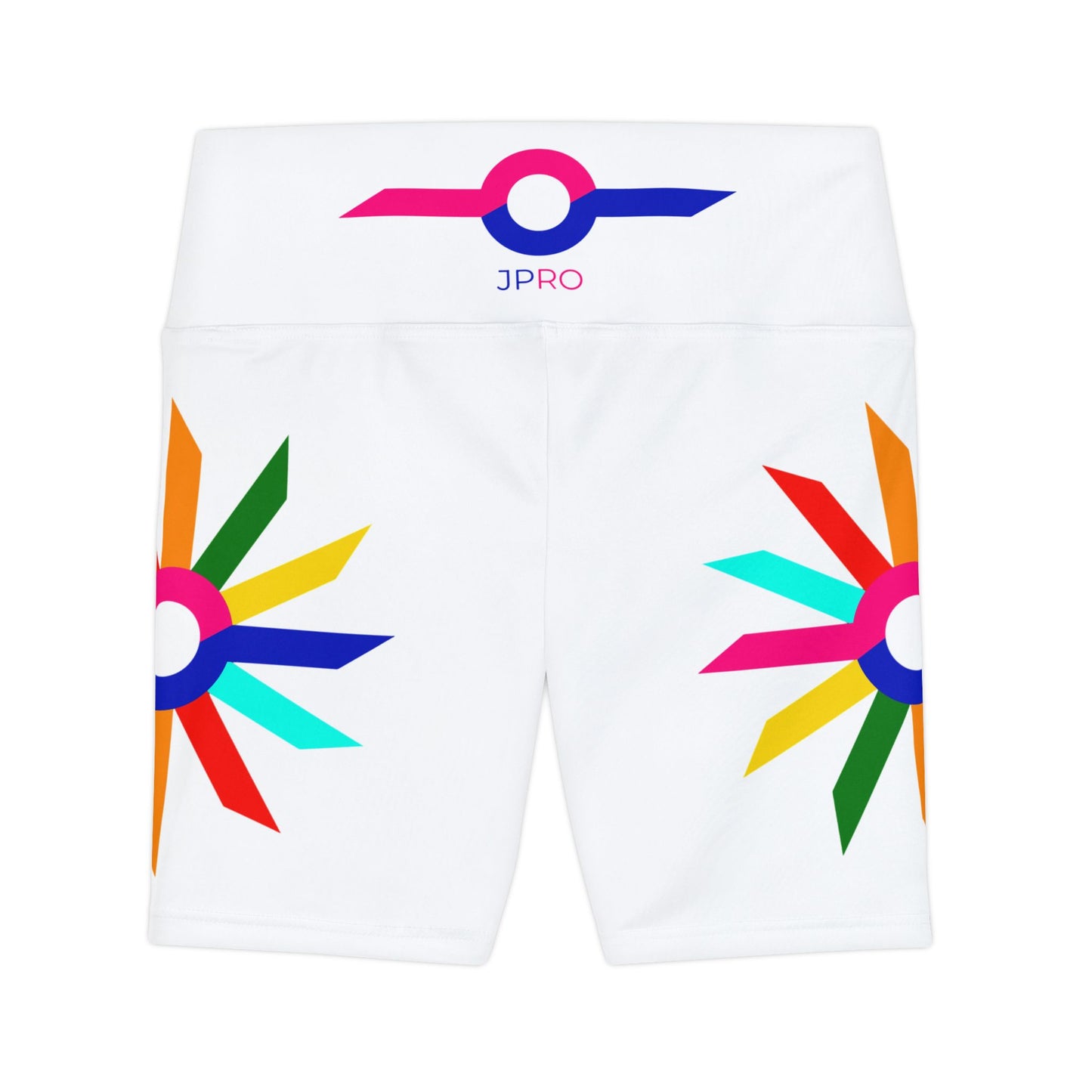 White Women's Workout Shorts — Colorful Starburst Side Print (AOP)