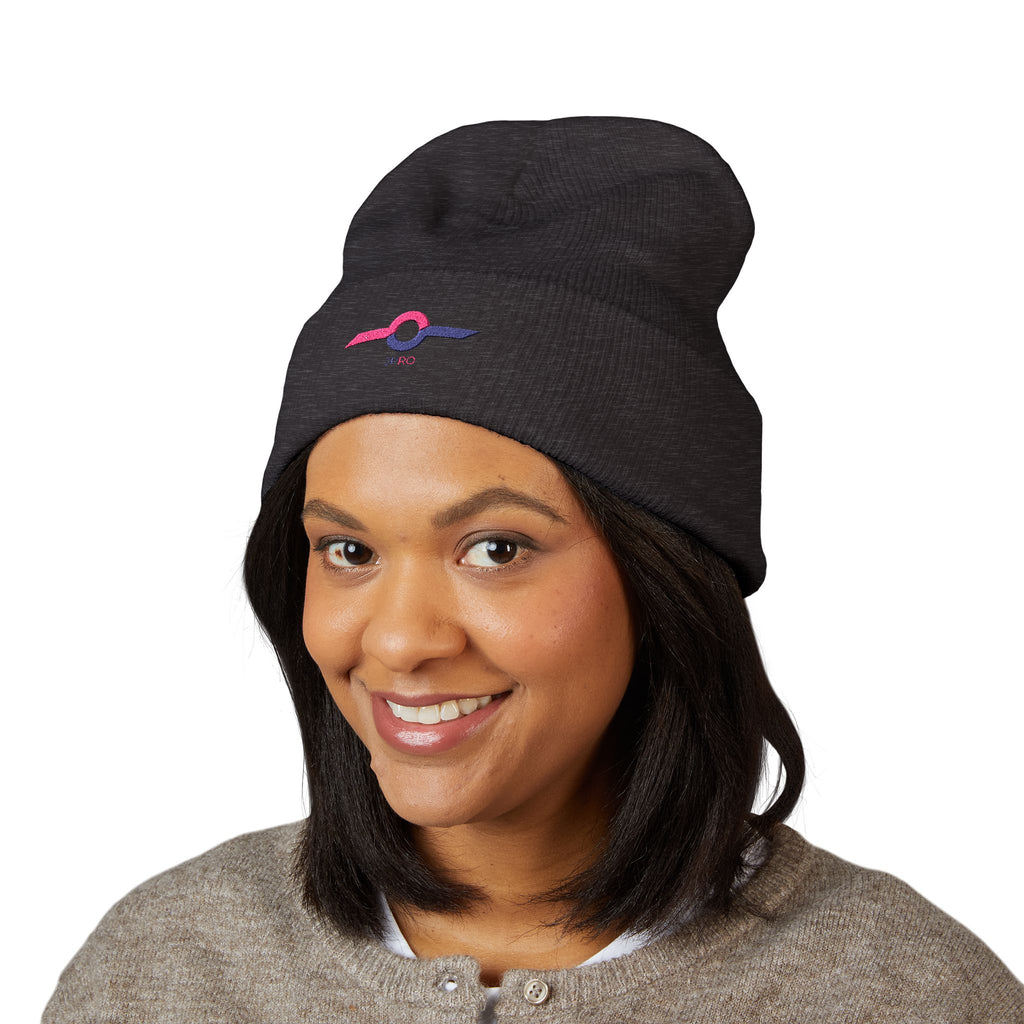 Embroidered Minimalist Winged Circle Beanie — White Cuffed Knit Hat