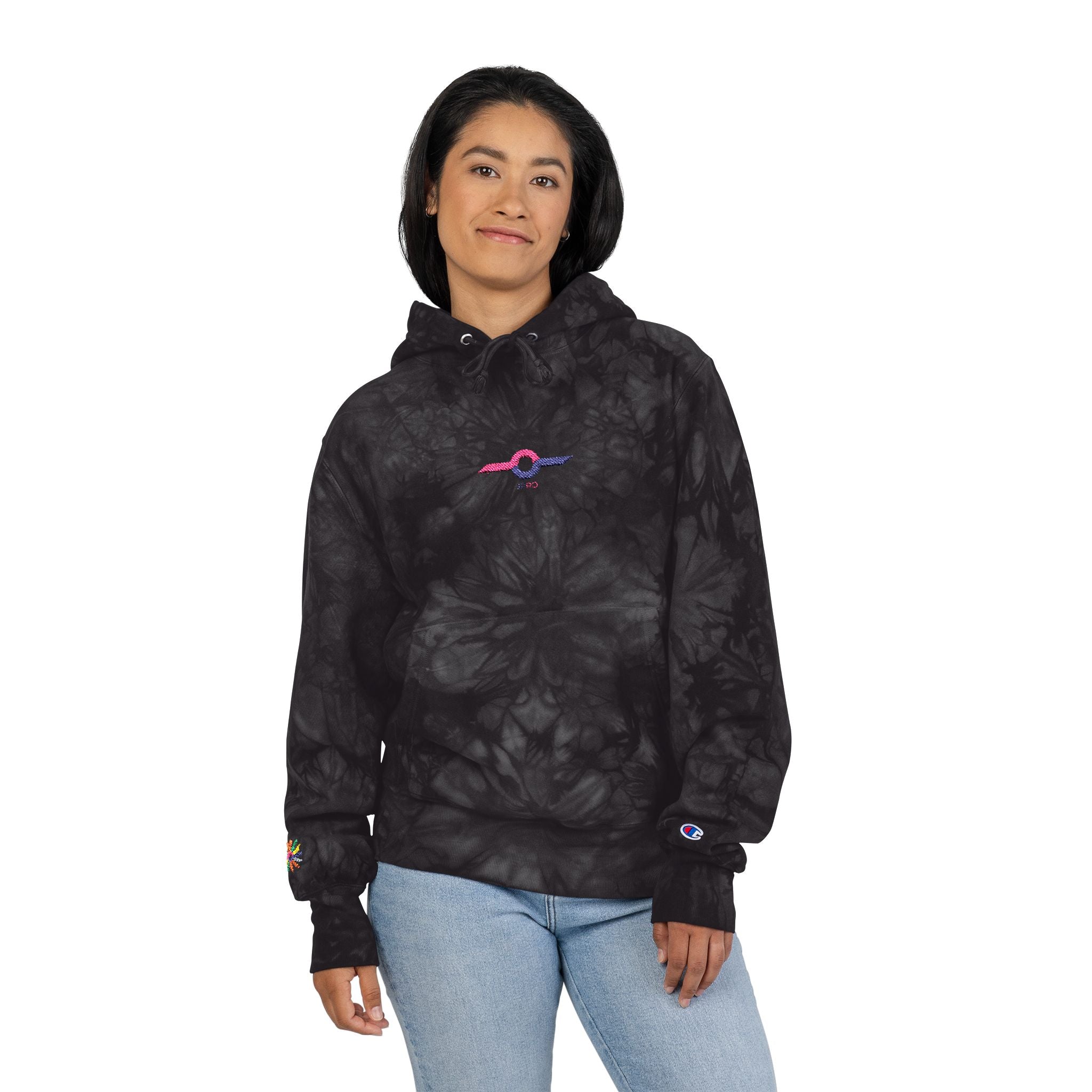 Embroidered Tie-Dye Champion Hoodie — Black Marble