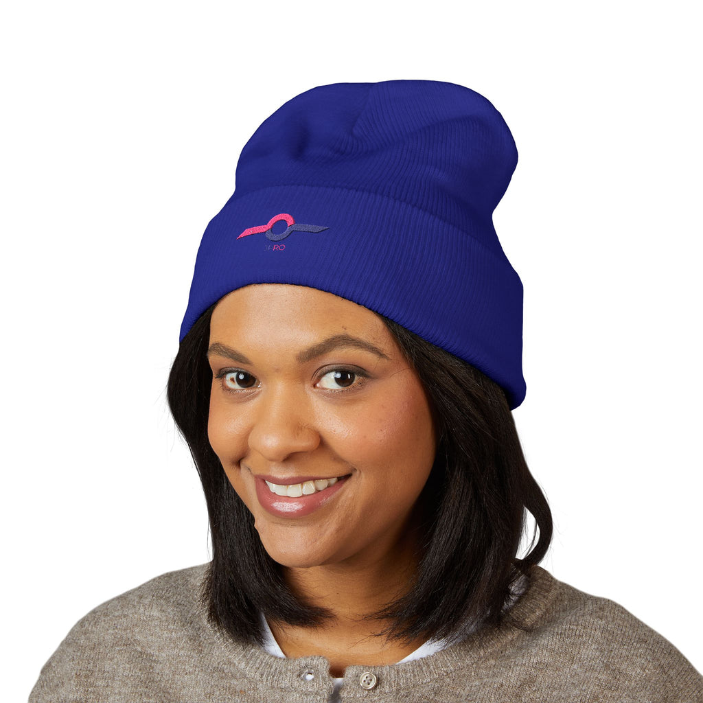Embroidered Minimalist Winged Circle Beanie — White Cuffed Knit Hat