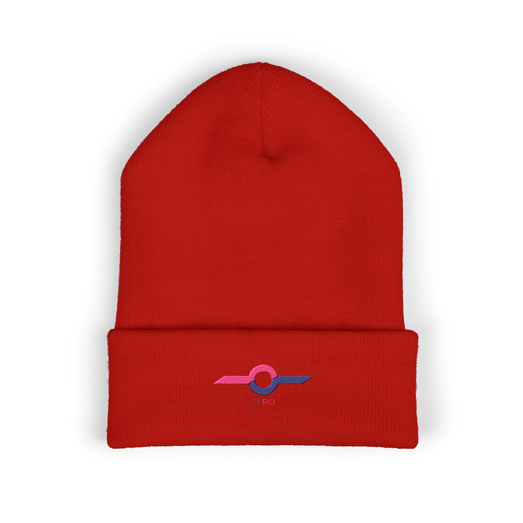 Embroidered Minimalist Winged Circle Beanie — White Cuffed Knit Hat
