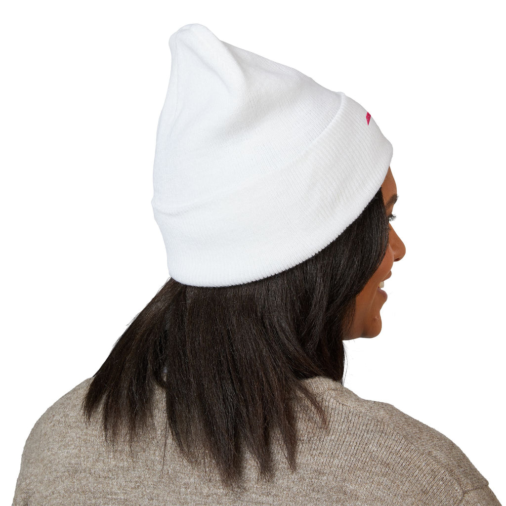 Embroidered Minimalist Winged Circle Beanie — White Cuffed Knit Hat