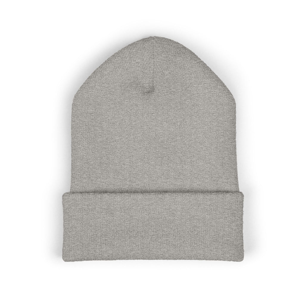 Embroidered Minimalist Winged Circle Beanie — White Cuffed Knit Hat
