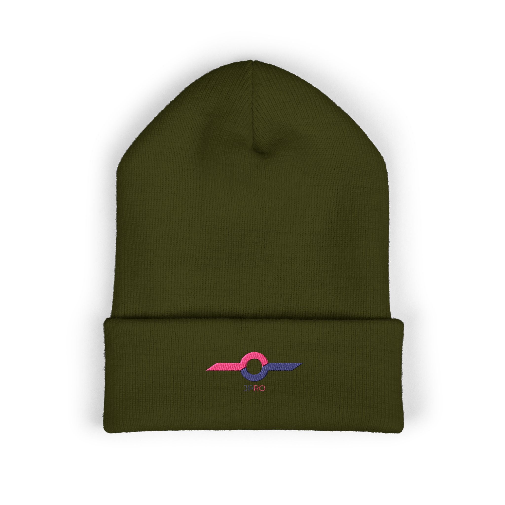 Embroidered Minimalist Winged Circle Beanie — White Cuffed Knit Hat