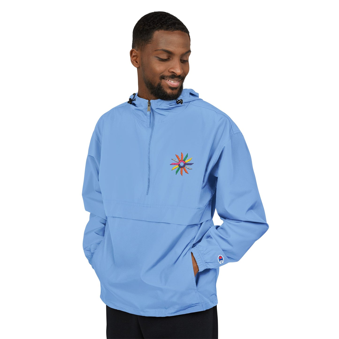Orange Packable Anorak Jacket with Colorful Floral Compass Embroidery