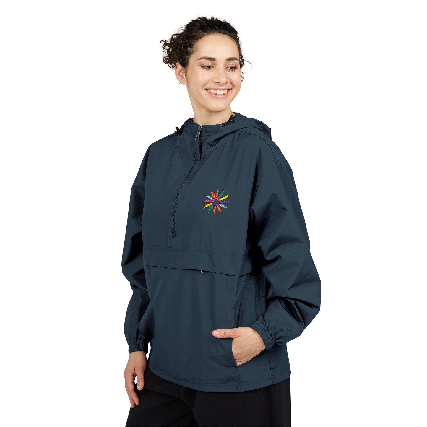 Orange Packable Anorak Jacket with Colorful Floral Compass Embroidery