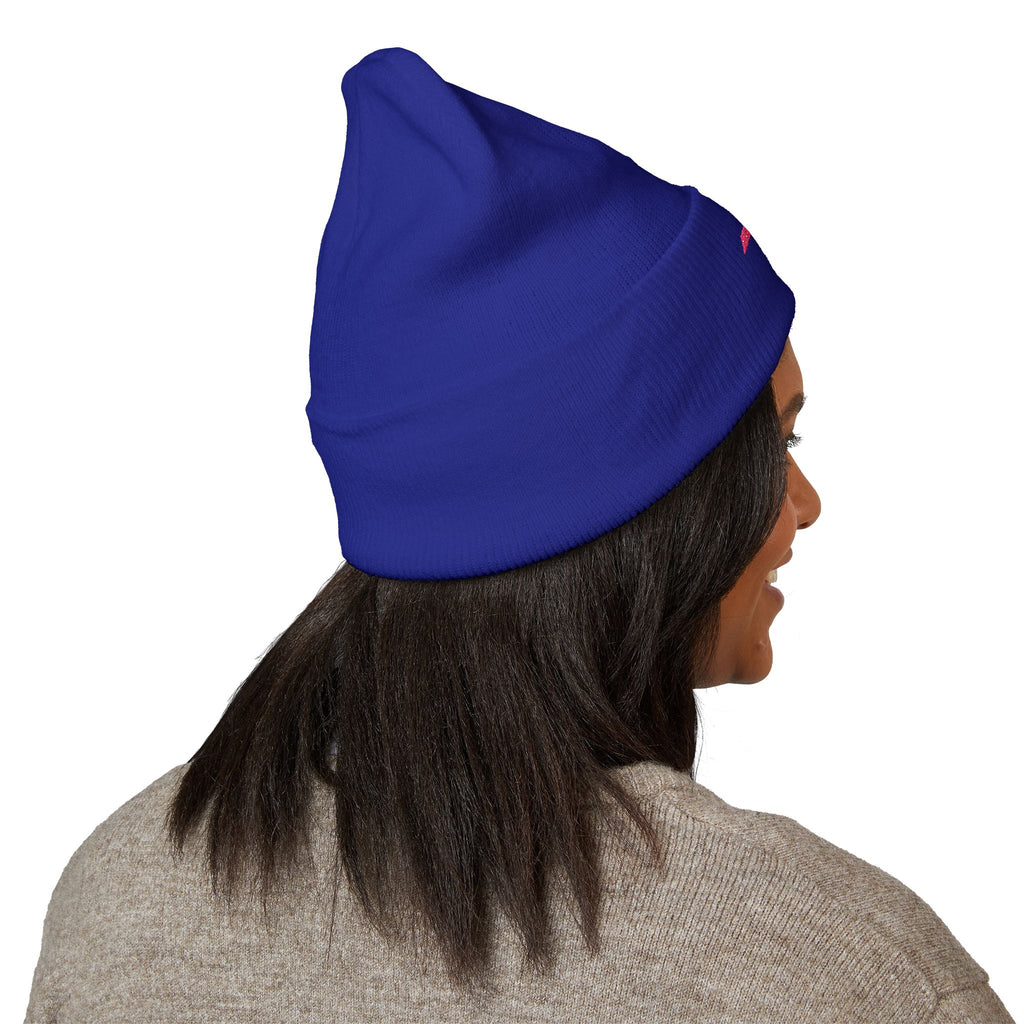 Embroidered Minimalist Winged Circle Beanie — White Cuffed Knit Hat
