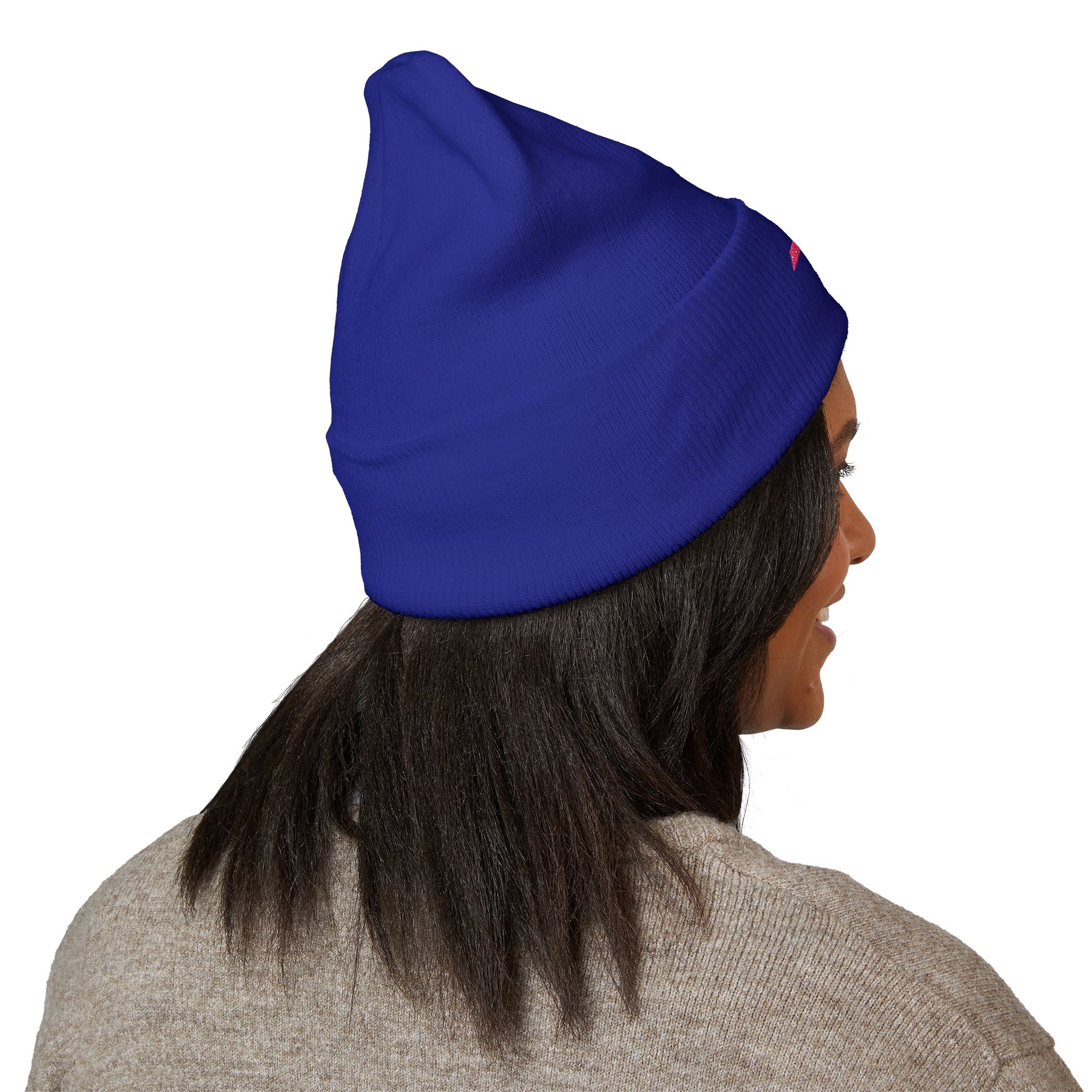Embroidered Minimalist Winged Circle Beanie — White Cuffed Knit Hat