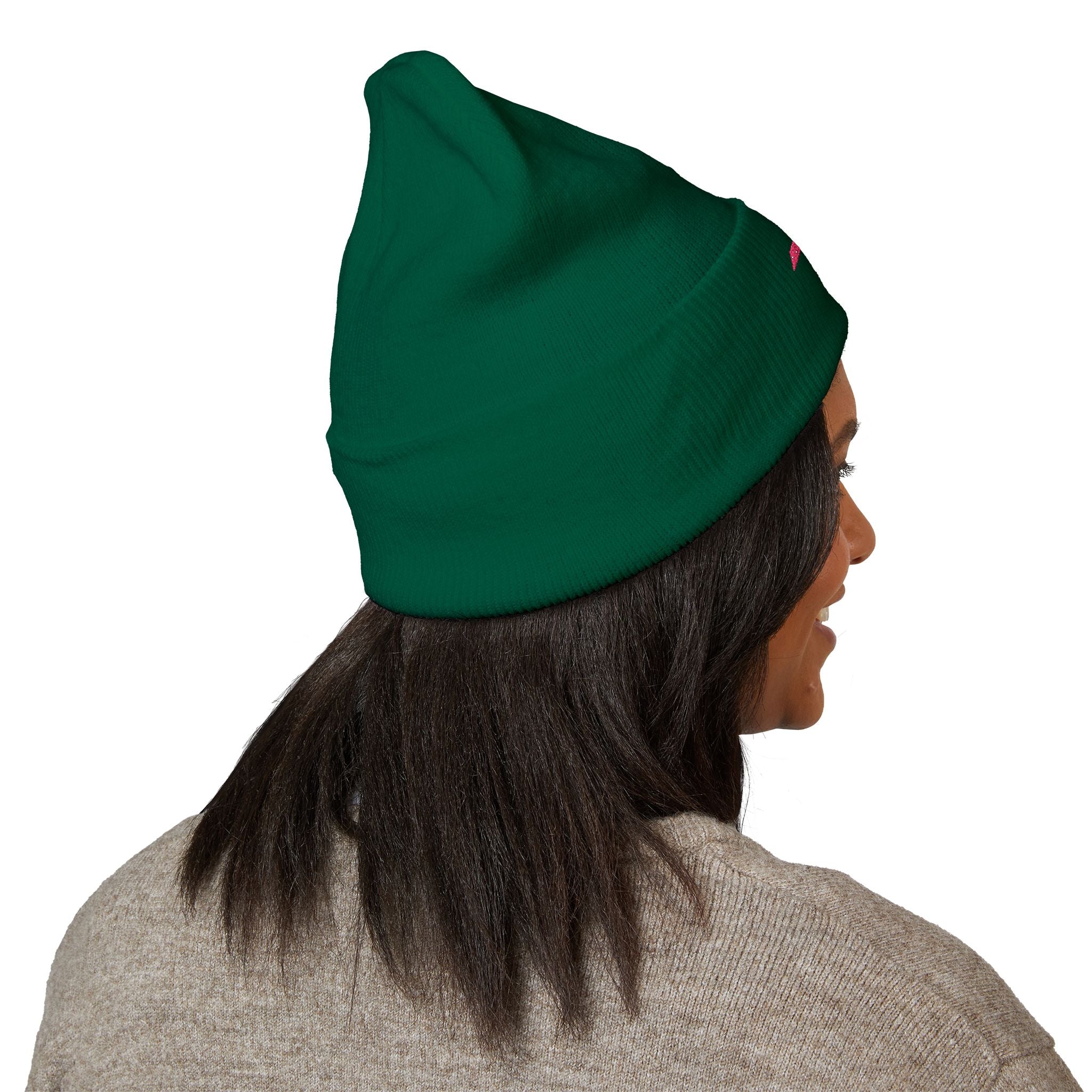 Embroidered Minimalist Winged Circle Beanie — White Cuffed Knit Hat